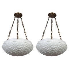 Antique Decorative Leaf Pressed Milk Glass Pendants 'Pair'
