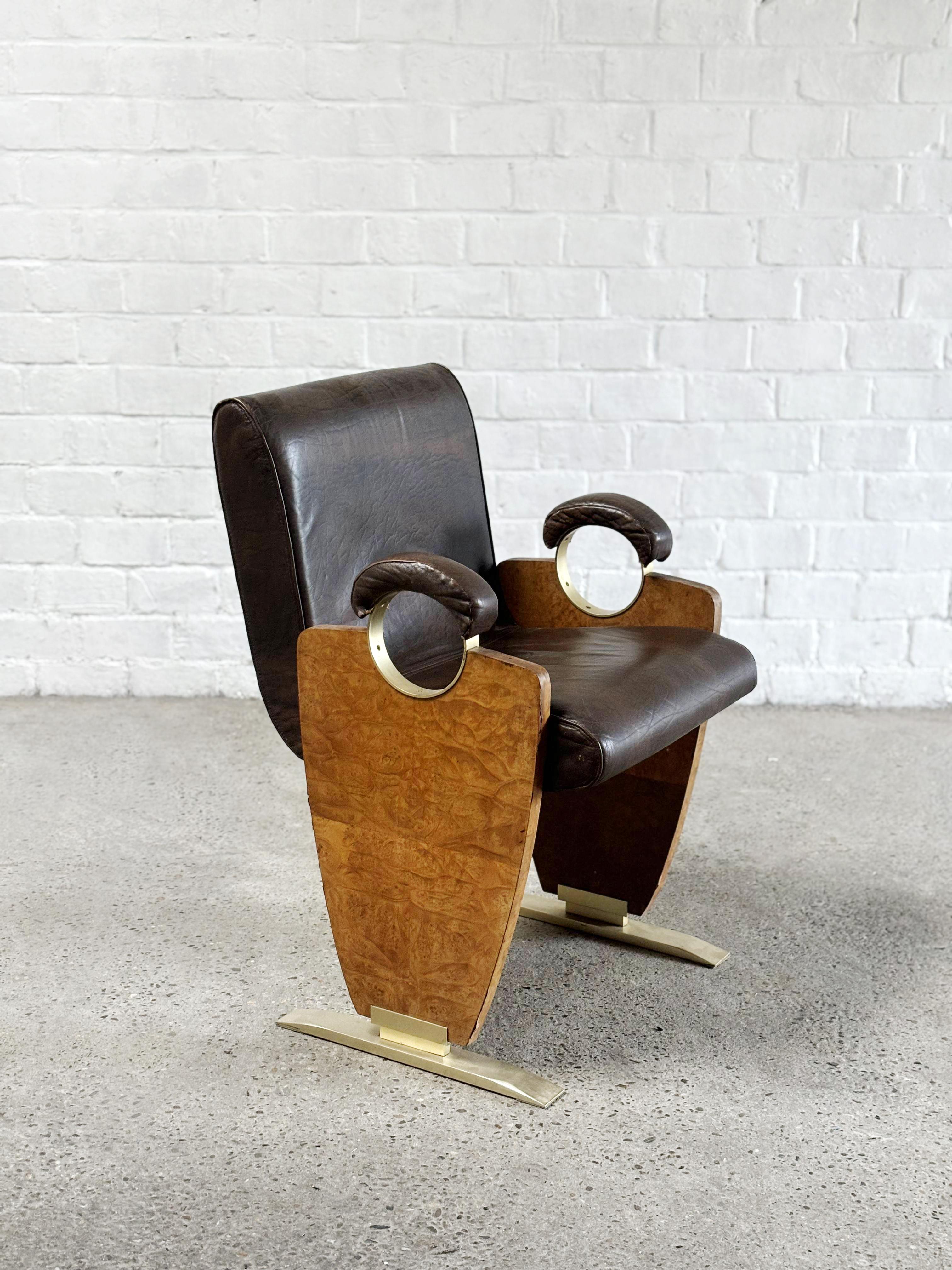 Art Deco Decorative Leather & Burl Wood Art-Deco Style Lounge Or Side chair, 1970's