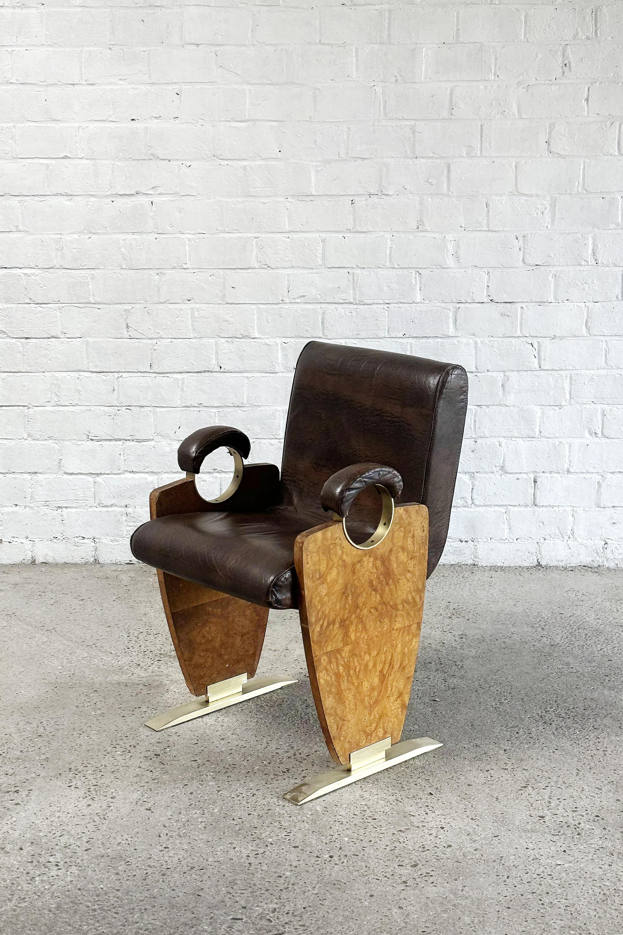 European Decorative Leather & Burl Wood Art-Deco Style Lounge Or Side chair, 1970's For Sale