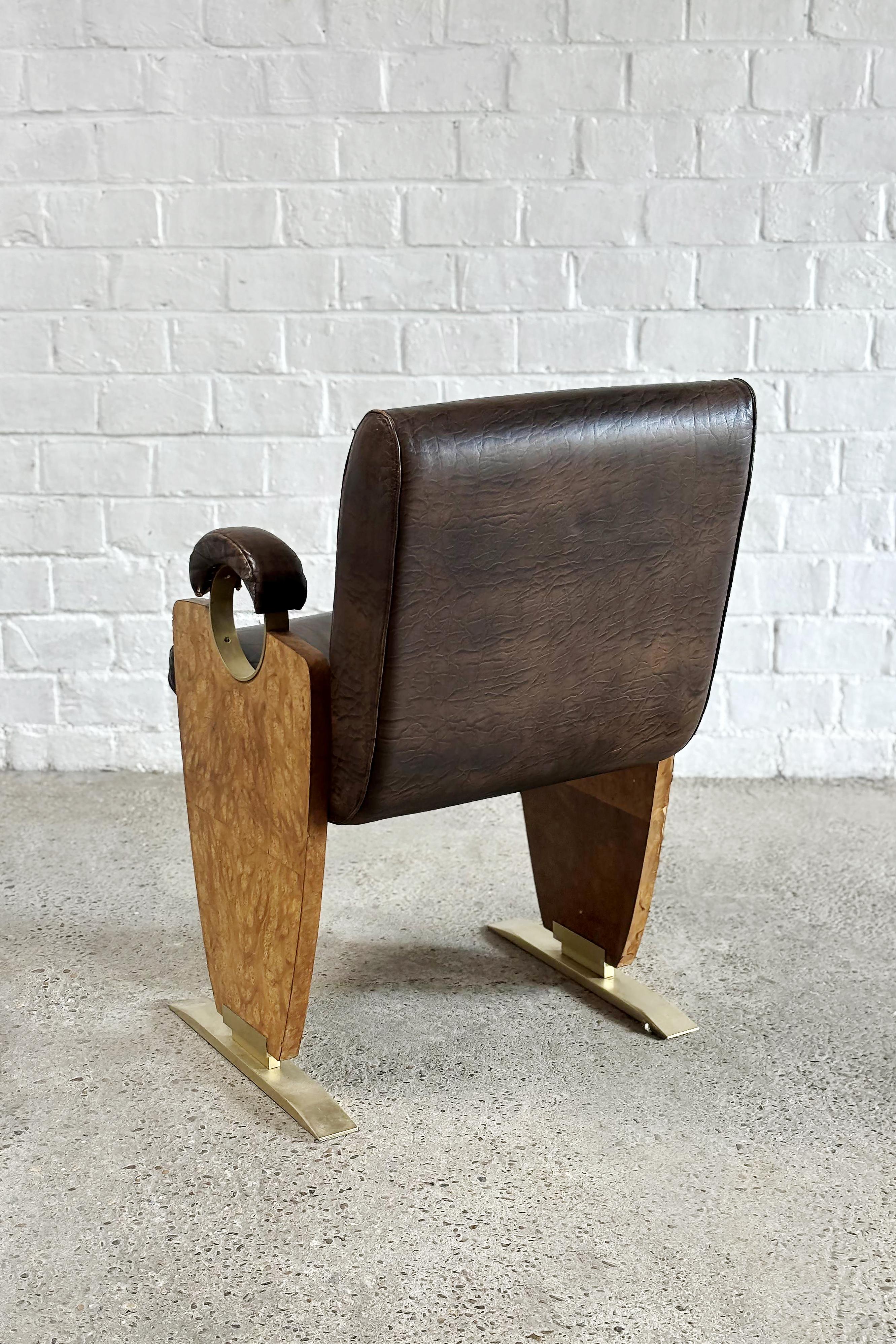 Brass Decorative Leather & Burl Wood Art-Deco Style Lounge Or Side chair, 1970's For Sale