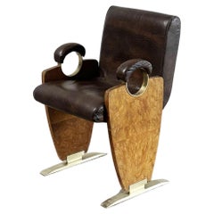 Sedia da salotto o laterale in stile Art Déco in pelle e legno di radica, anni '70