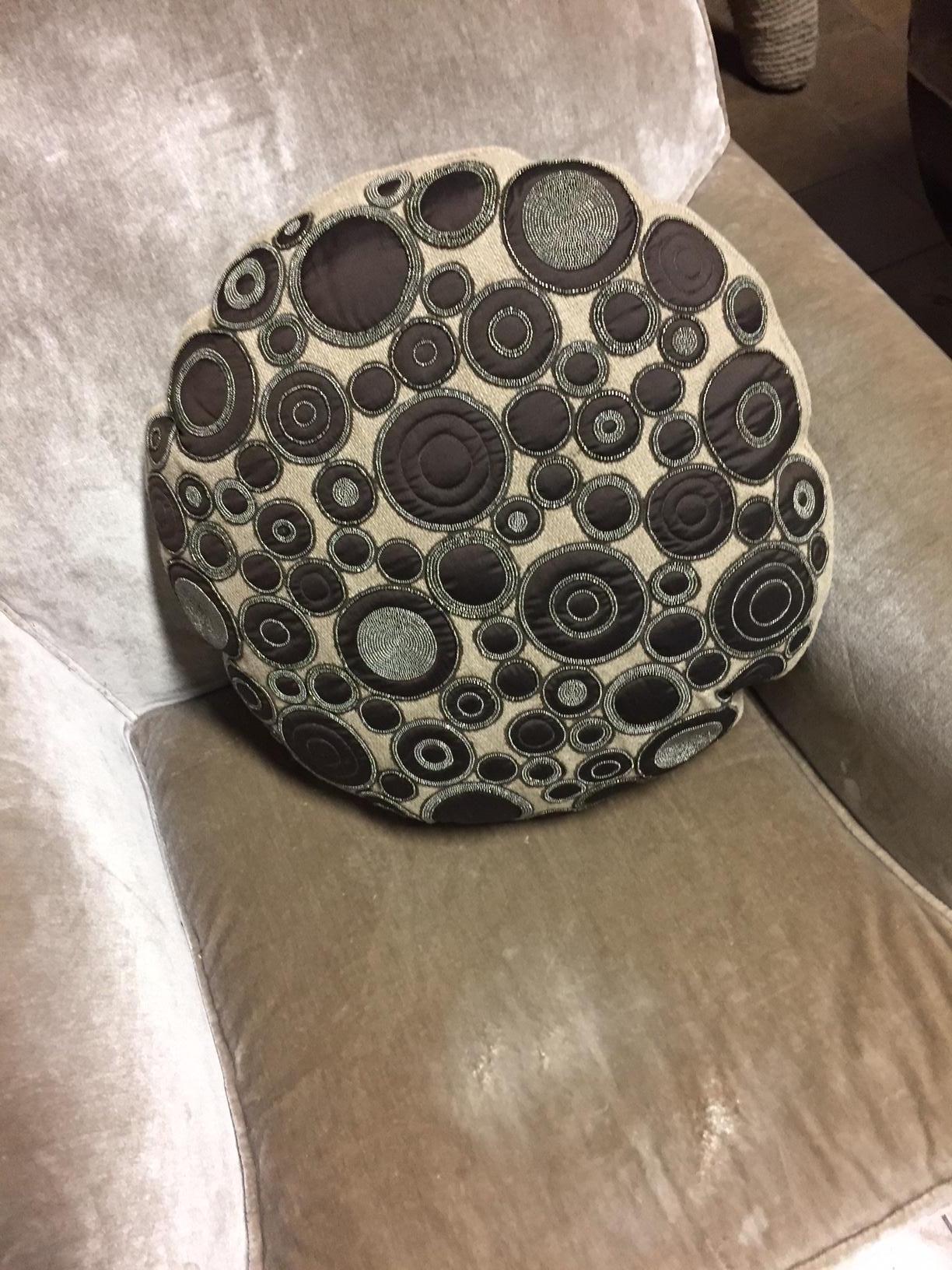 Embroidered Decorative Linen Cushion Round Shaped with Brown Silk Appliqué Work and Beading For Sale