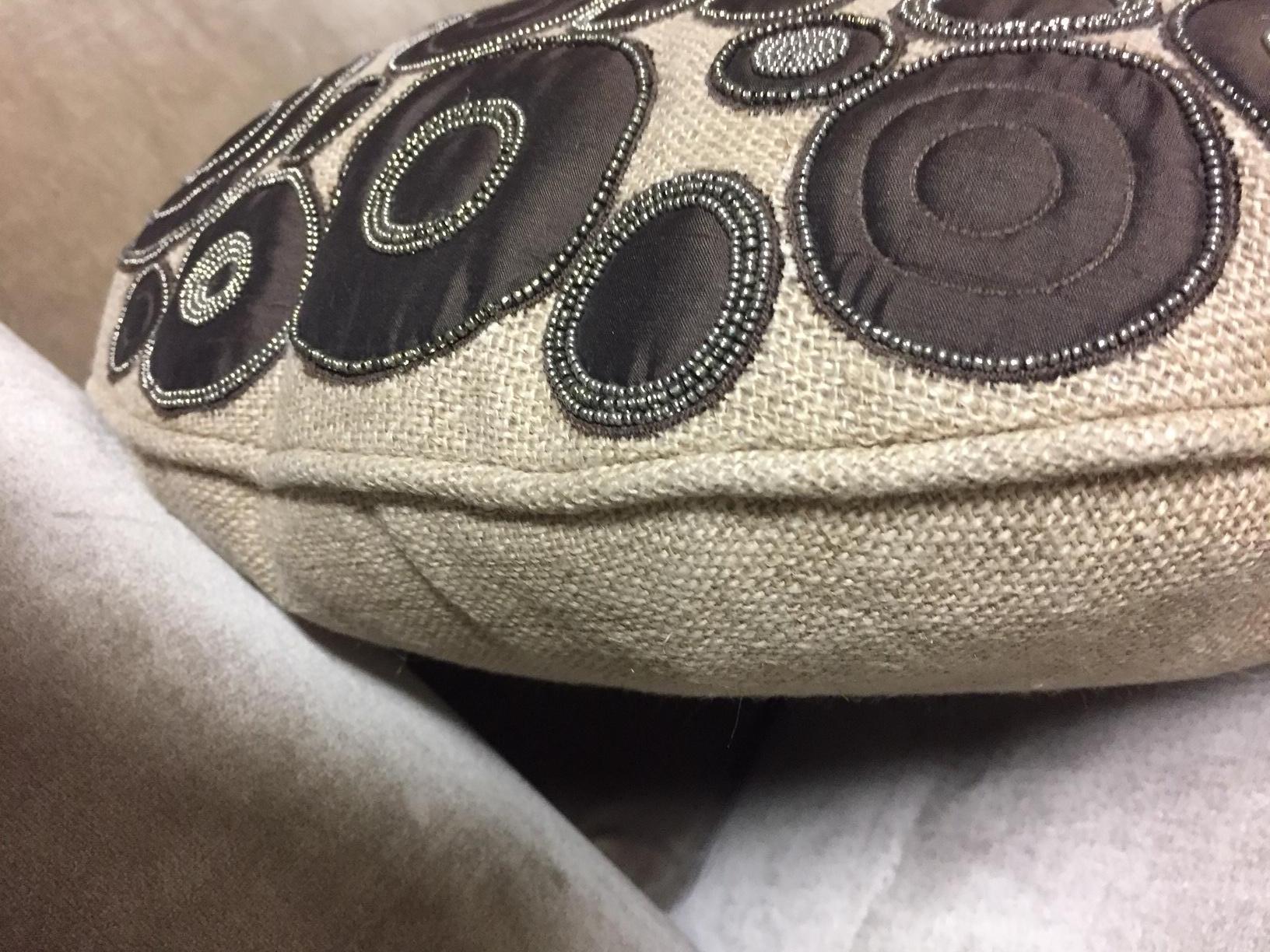 Decorative Linen Cushion Round Shaped with Brown Silk Appliqué Work and Beading In New Condition For Sale In Hamburg, DE