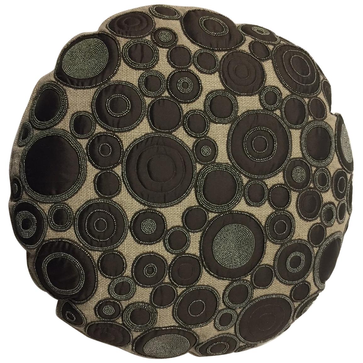 Decorative Linen Cushion Round Shaped with Brown Silk Appliqué Work and Beading For Sale