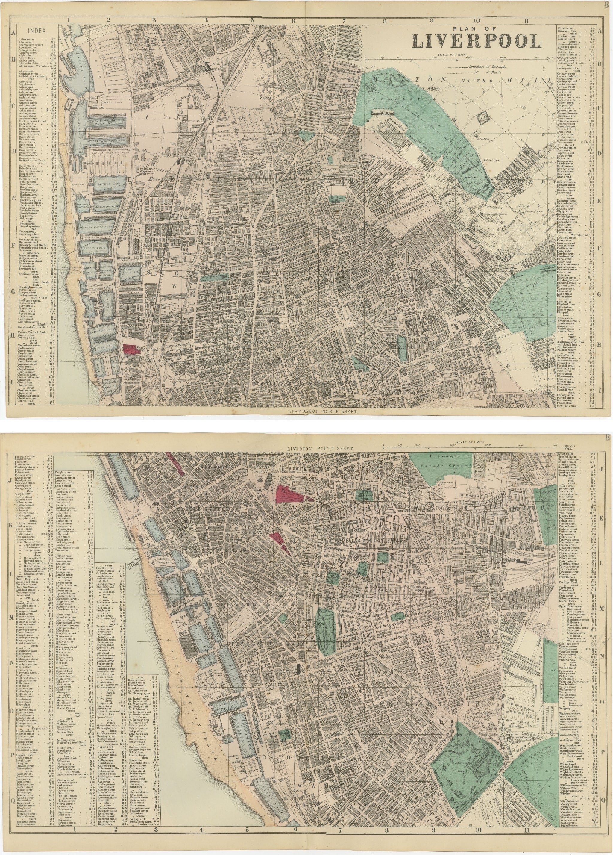 Decorative Liverpool City Plans, Victorian Atlas Map Pair, 1885