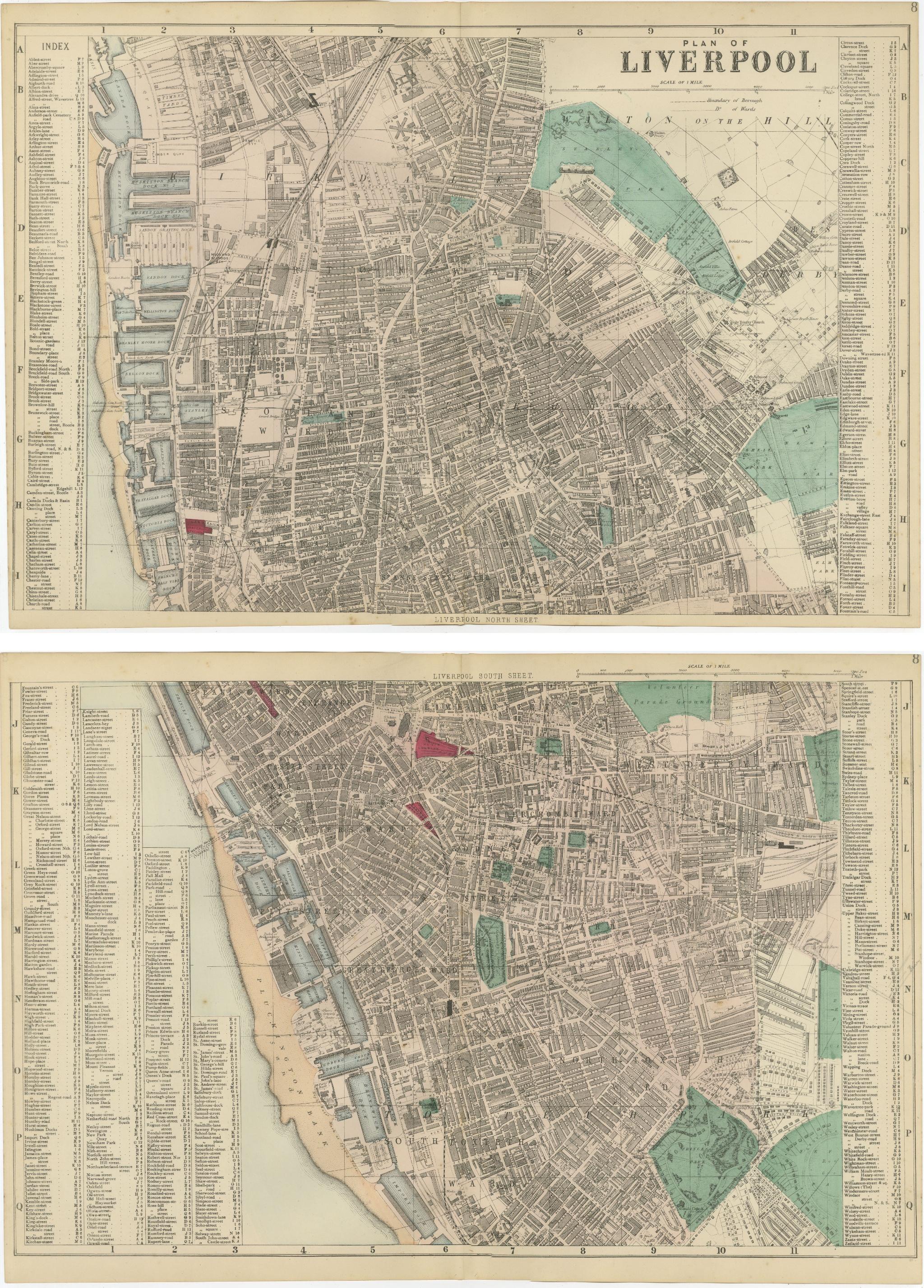 Decorative Liverpool City Plans, Victorian Atlas Map Pair, 1885