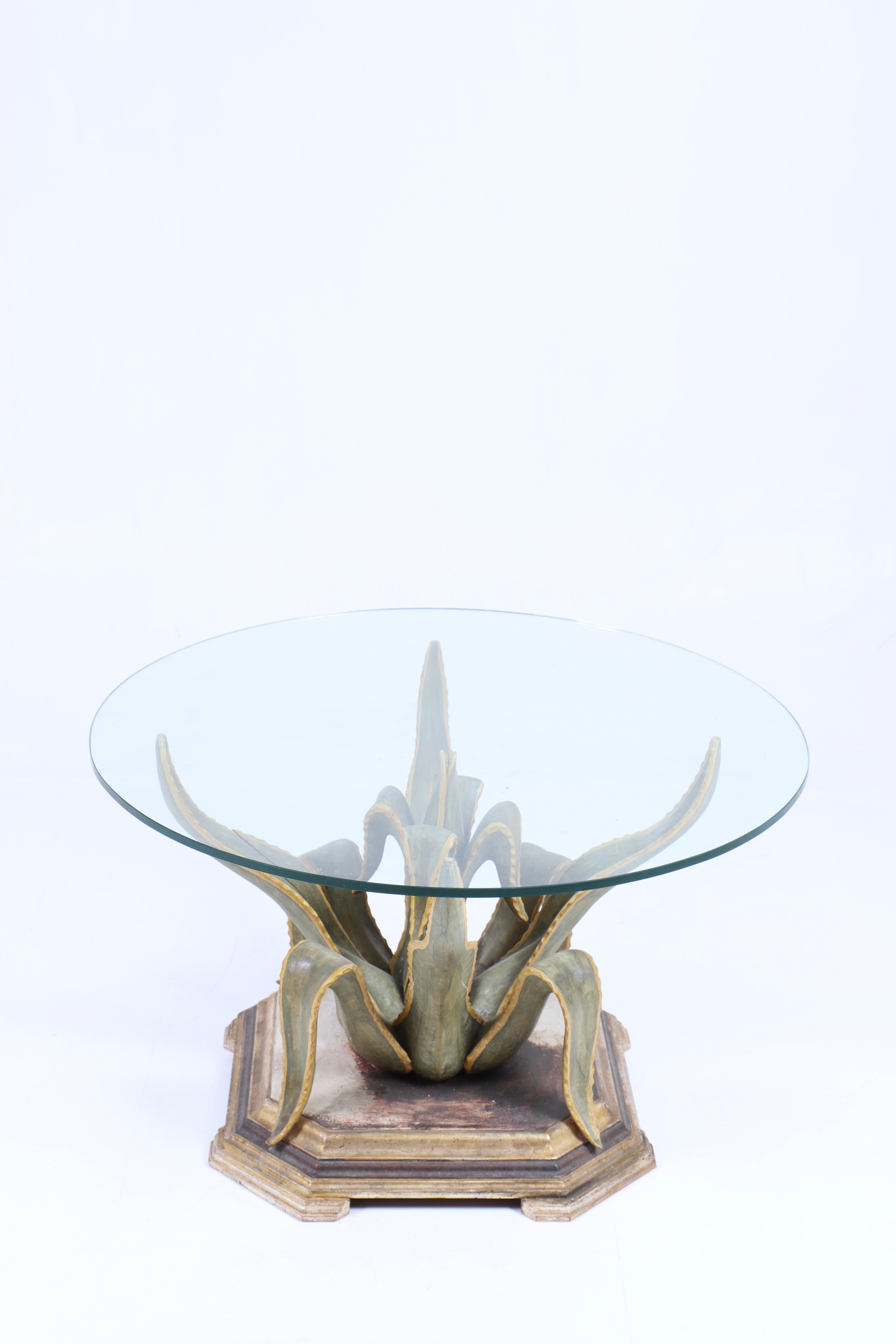 Decorative low table in plaster and glass, designed and made in Europe. Great original condition.