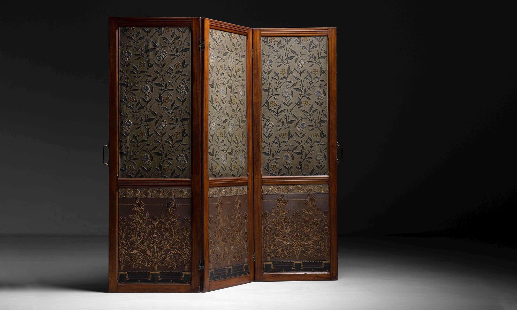 Decorative Mahogany Screen

England circa 1900

Aesthetic Movement Screen with Lincrusta panels in the manner of Sir Christopher Dresser (1834-1904).

Measures: 65.5” Long ( as shown ) x 72” height.