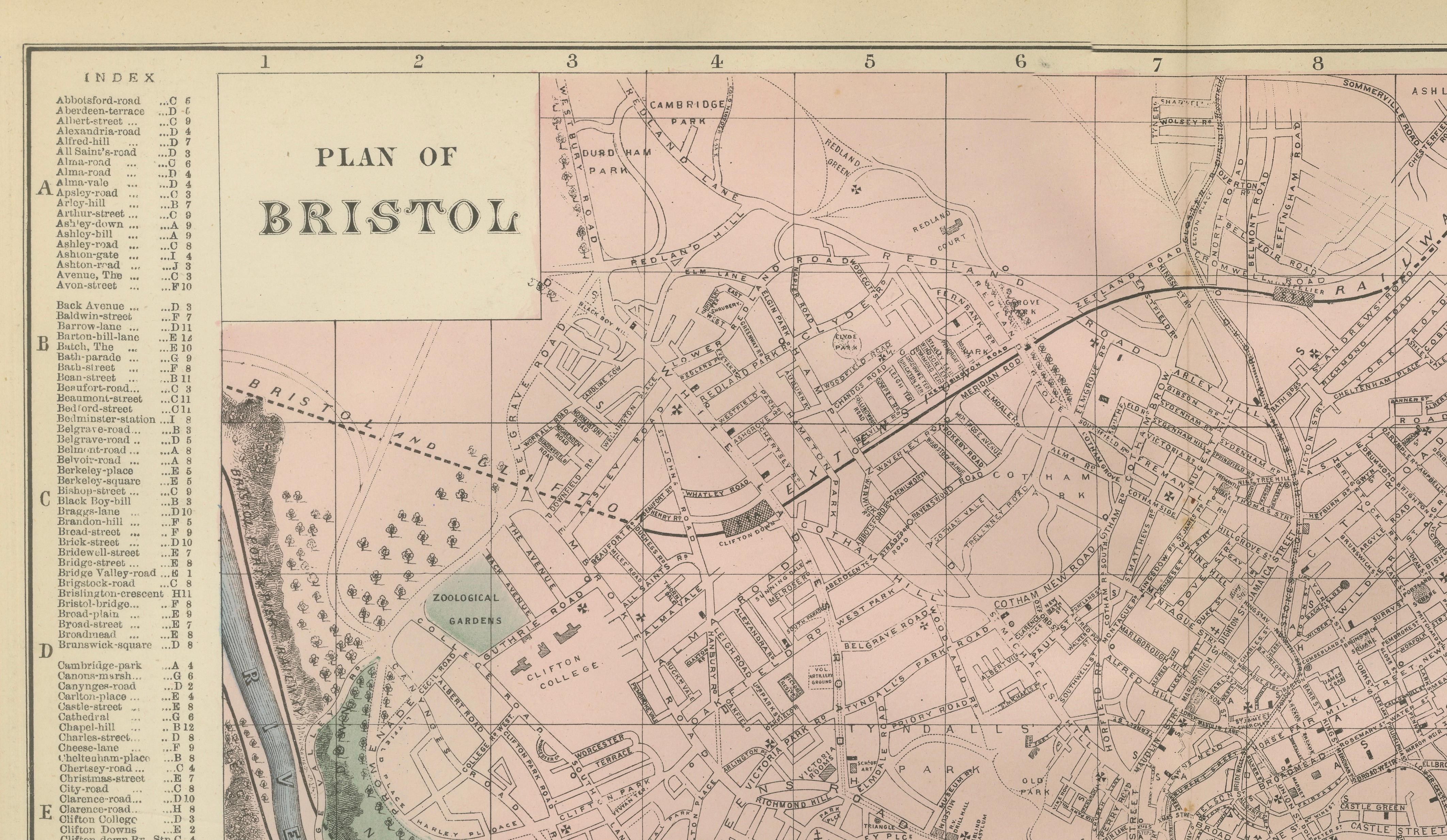 Decorative Map of Bristol, Victorian City Plan with Avon River, 1885
