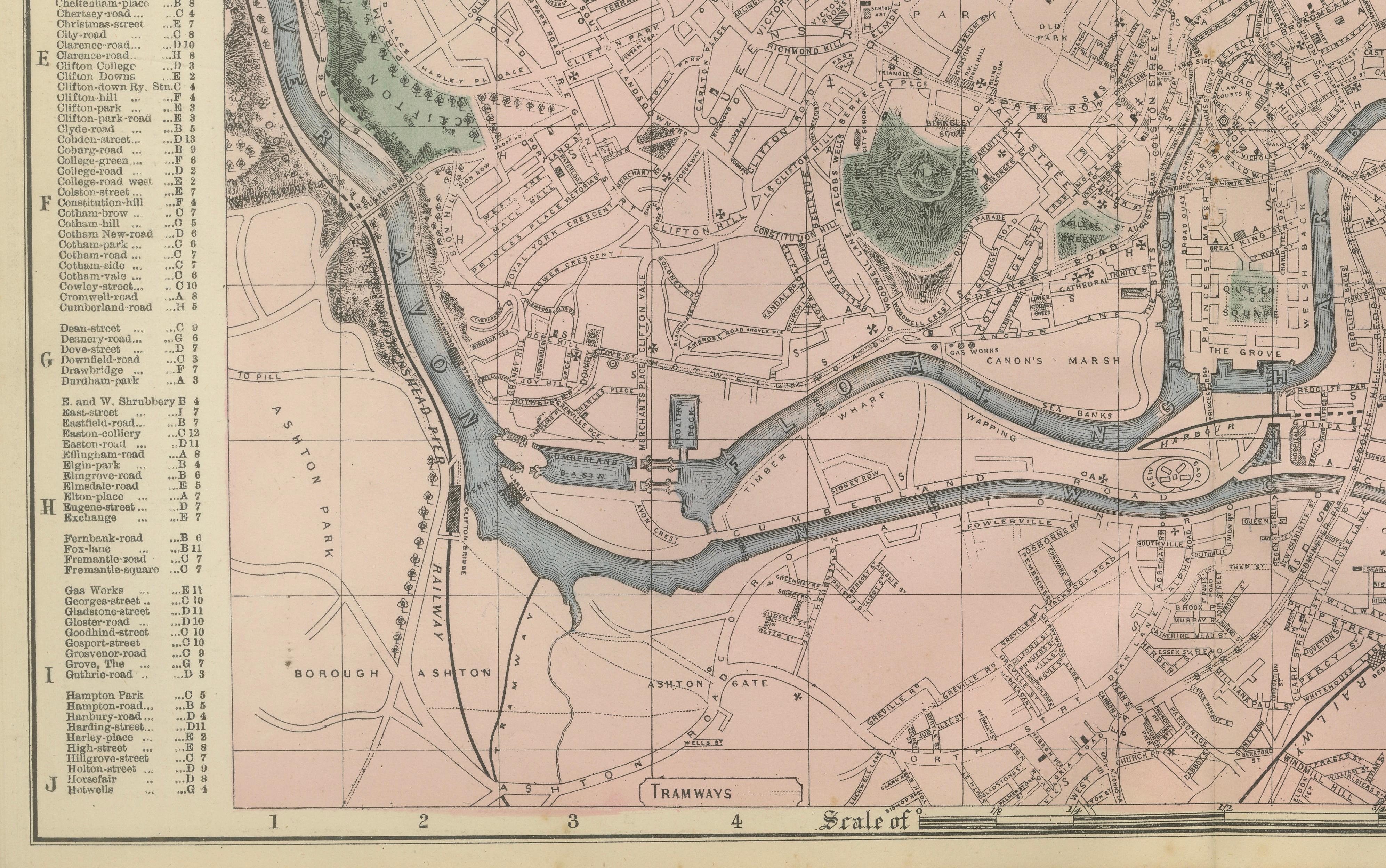 Decorative Map of Bristol, Victorian City Plan with Avon River, 1885