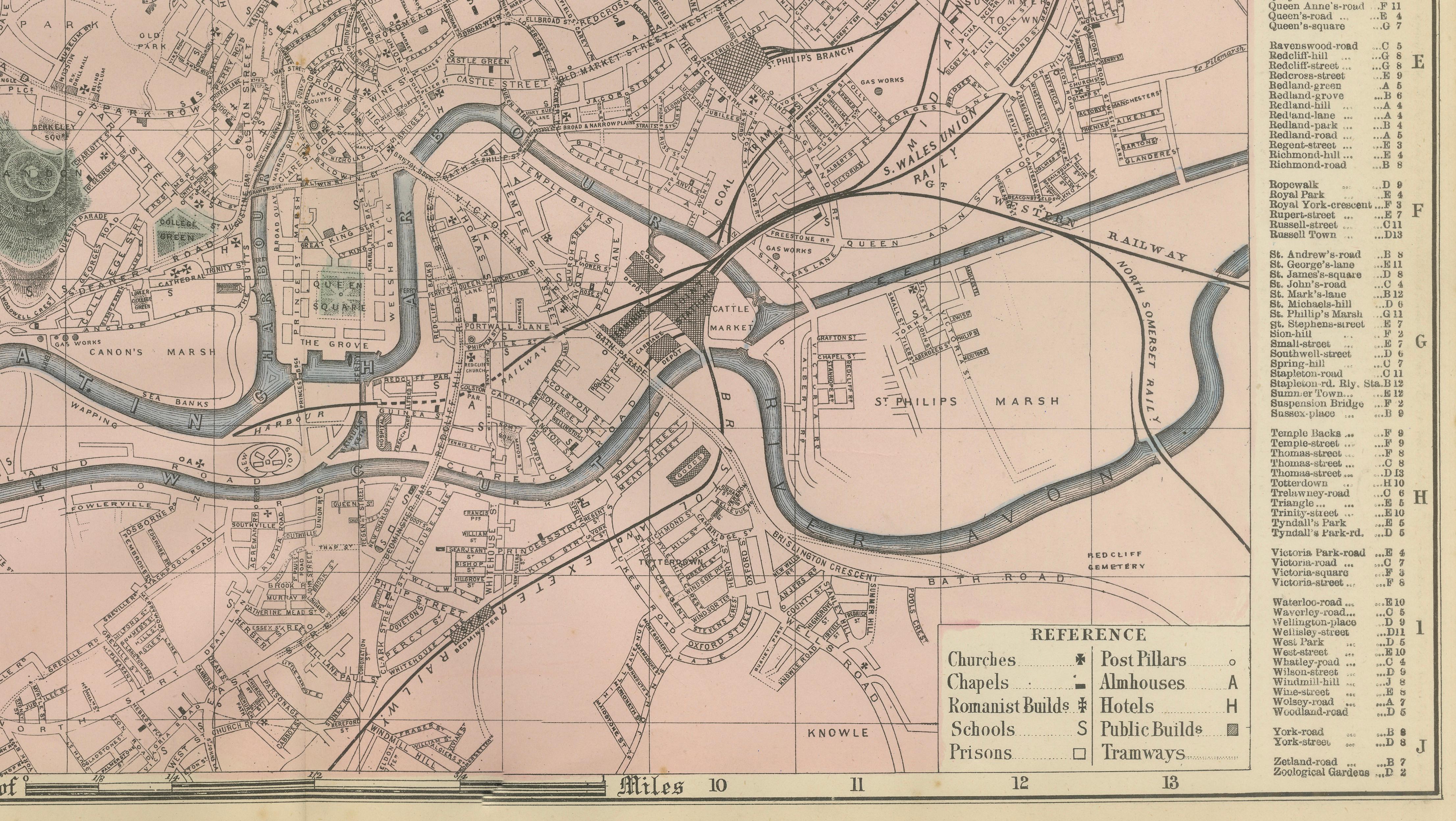 Decorative Map of Bristol, Victorian City Plan with Avon River, 1885