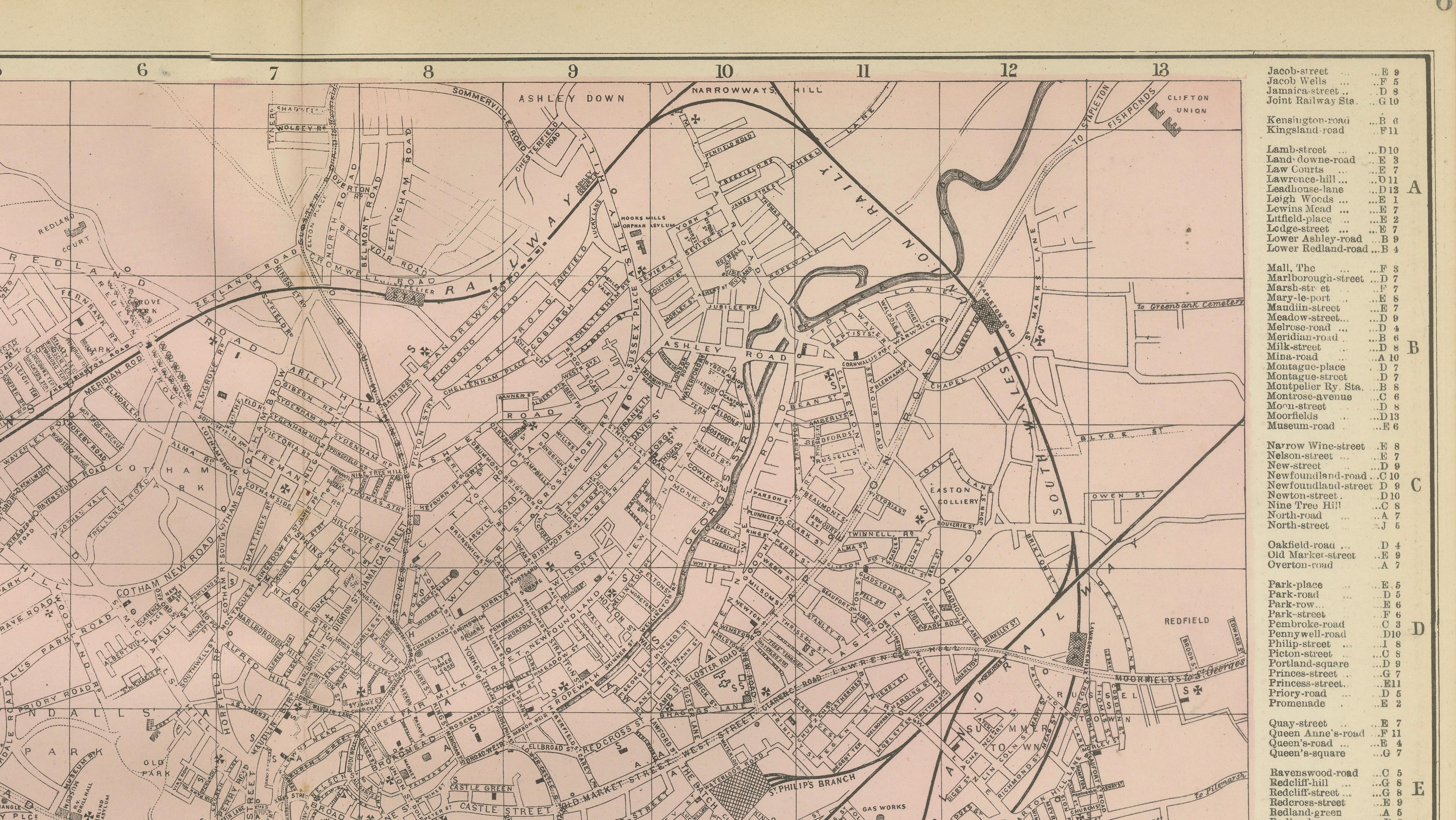 Decorative Map of Bristol, Victorian City Plan with Avon River, 1885
