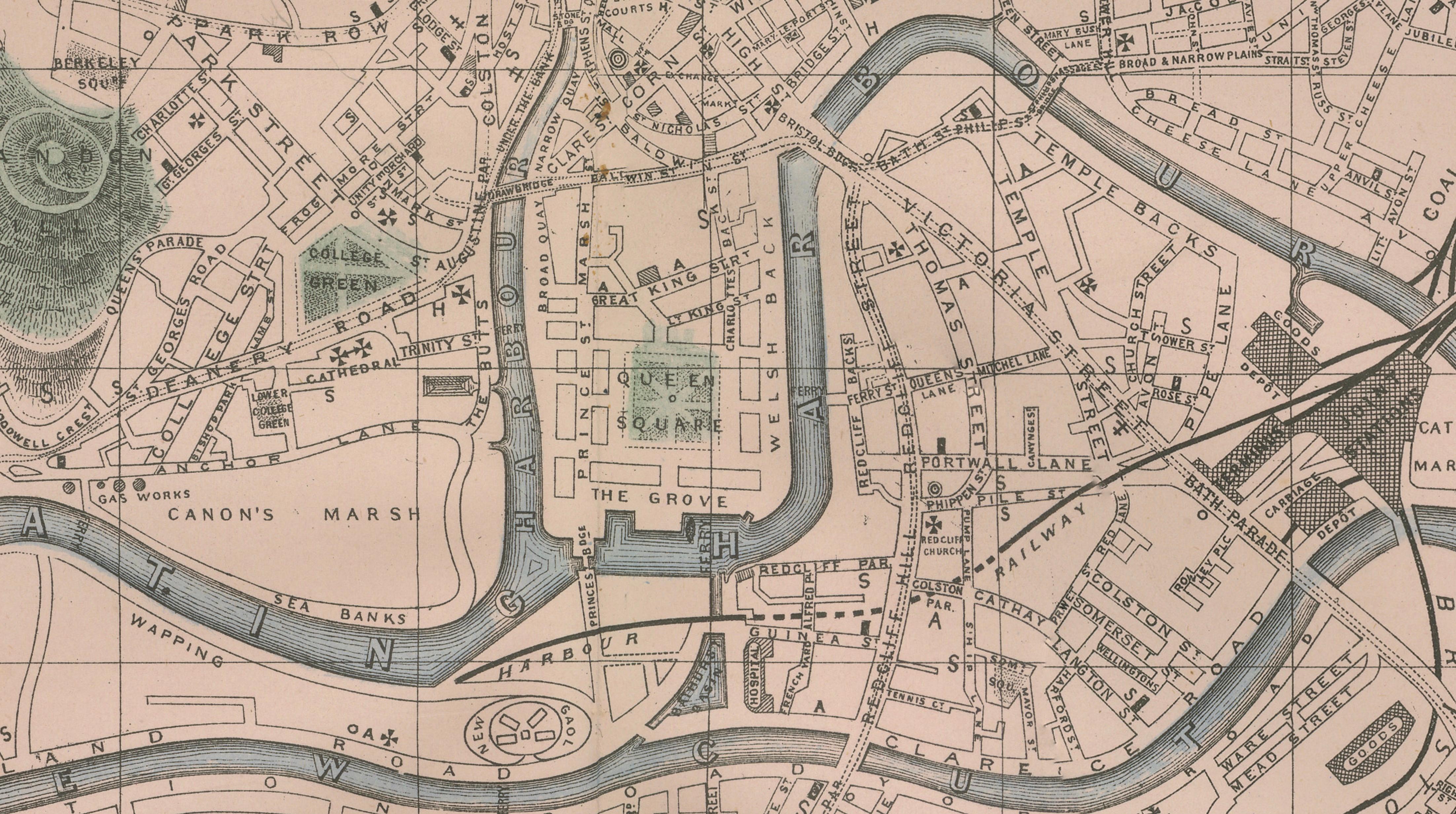 Decorative Map of Bristol, Victorian City Plan with Avon River, 1885