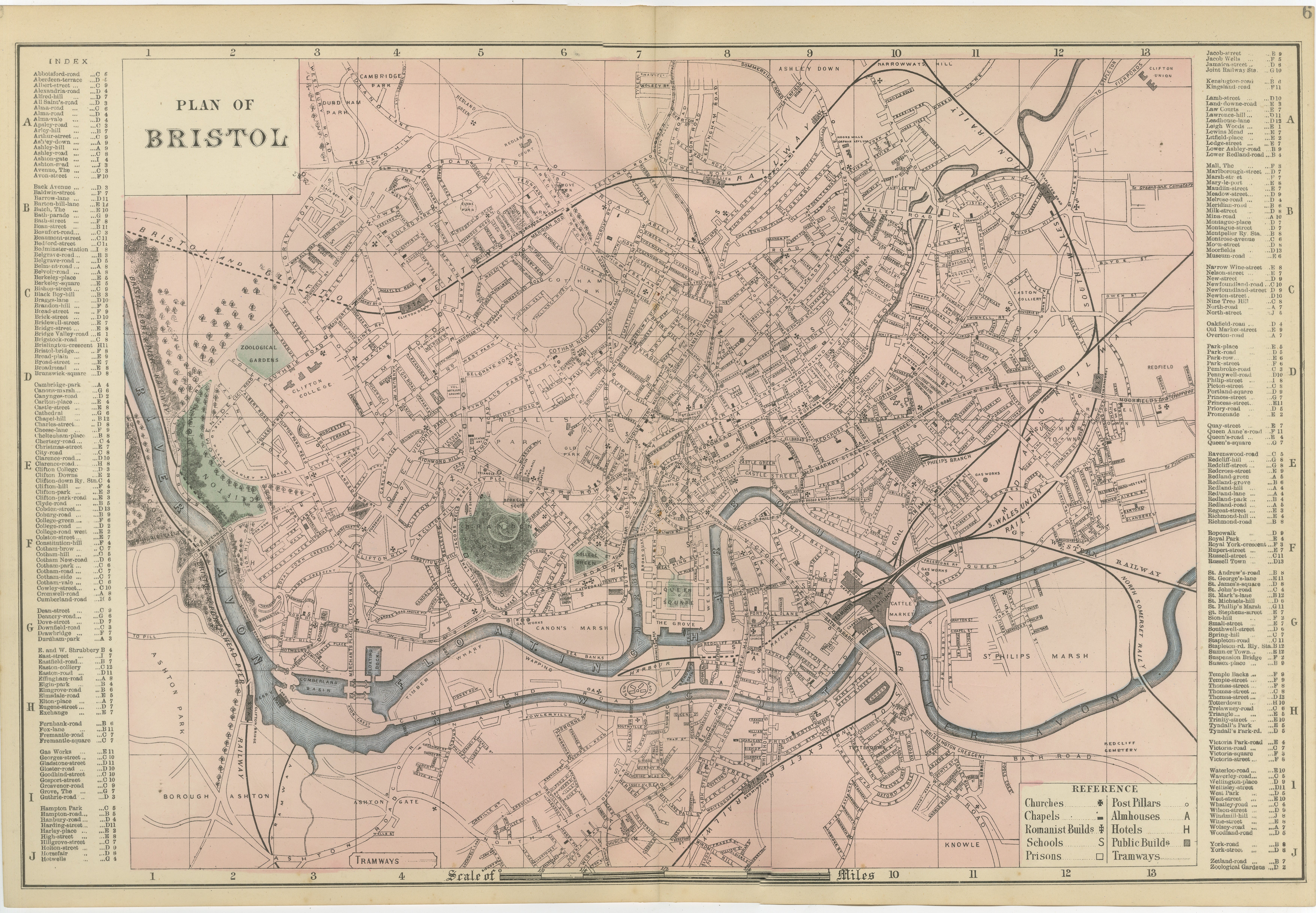 Decorative Map of Bristol, Victorian City Plan with Avon River, 1885