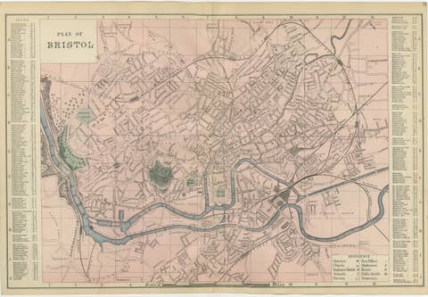 Decorative Map of Bristol, Victorian City Plan with Avon River, 1885
