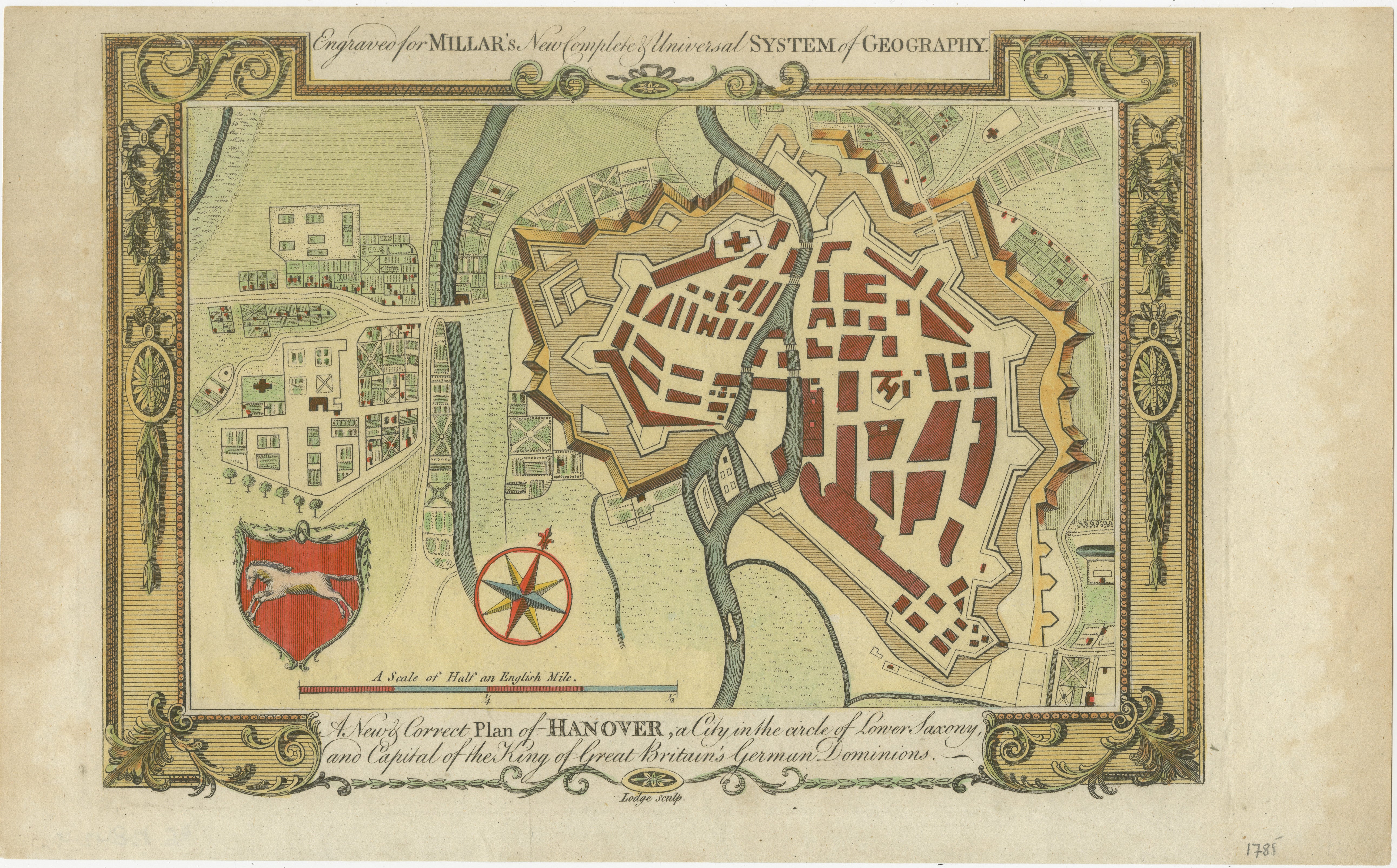 Titre : Carte décorative de Hanover, Basse-Saxe par Lodge, vers 1785

Cette carte décorative, intitulée 