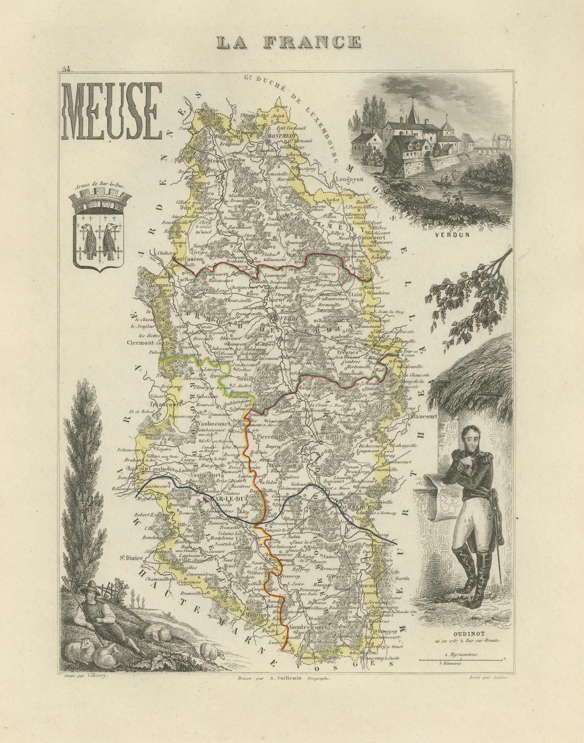 Carte décorative du Department of Meuse, France - Vuillemin, c. 1850

Belle carte gravée du XIXe siècle du département de la Meuse, dans le nord-est de la France, dessinée par Alexandre Vuillemin et agrémentée de fines vignettes gravées sur acier.