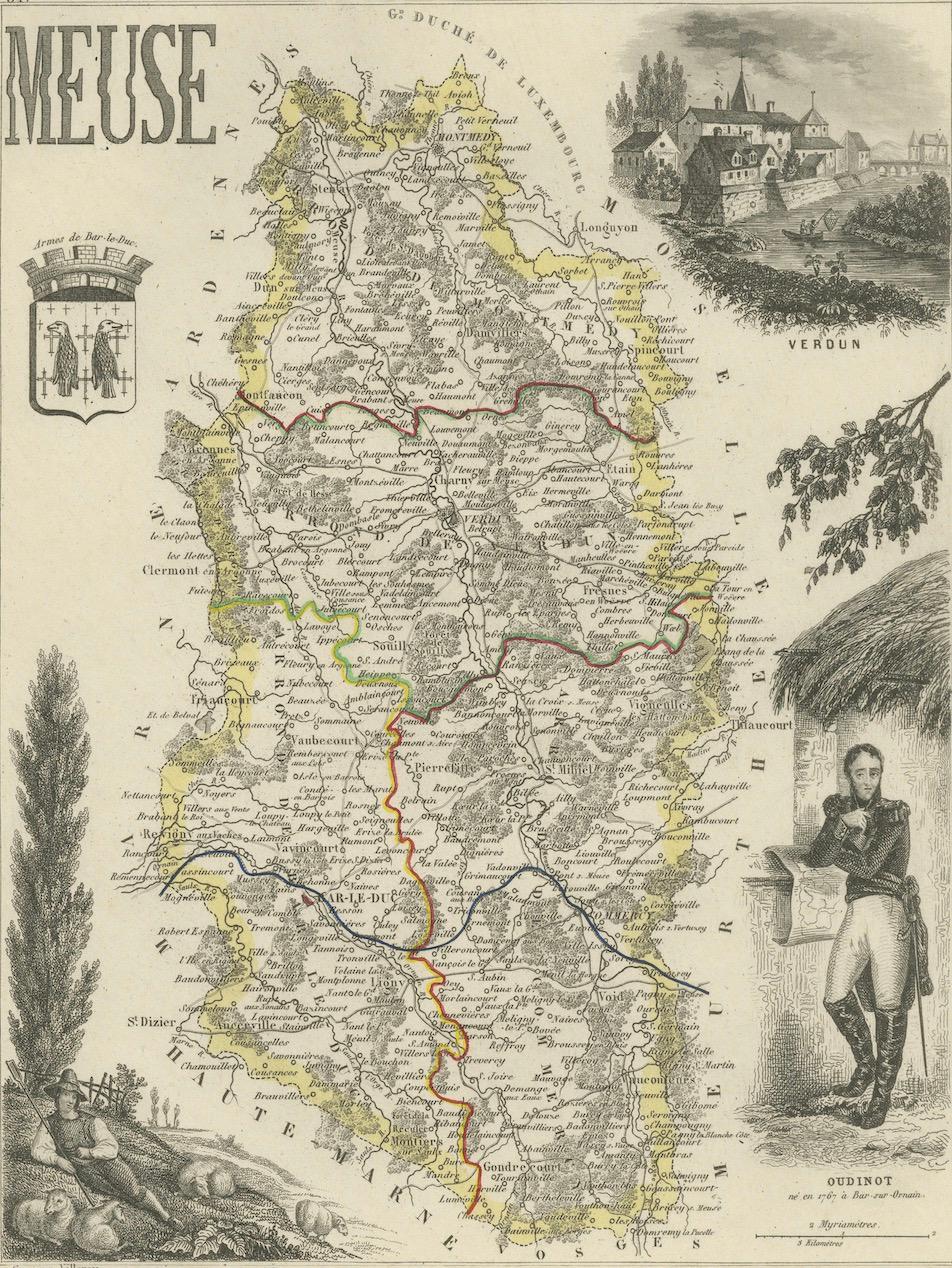 Français Carte décorative du Department of Meuse, France - Vuillemin, c. 1850 en vente