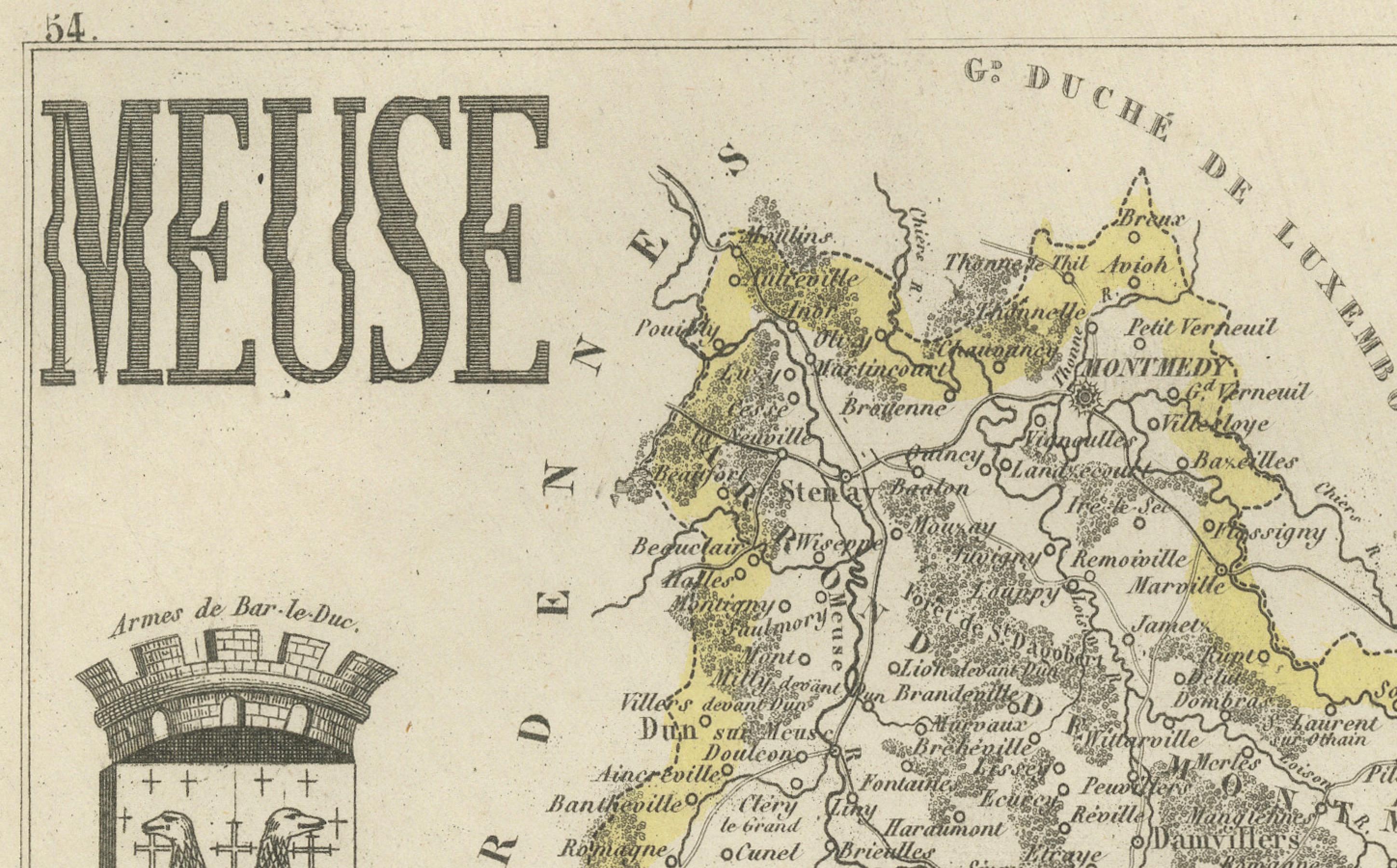 Carte décorative du Department of Meuse, France - Vuillemin, c. 1850 Bon état - En vente à Langweer, NL