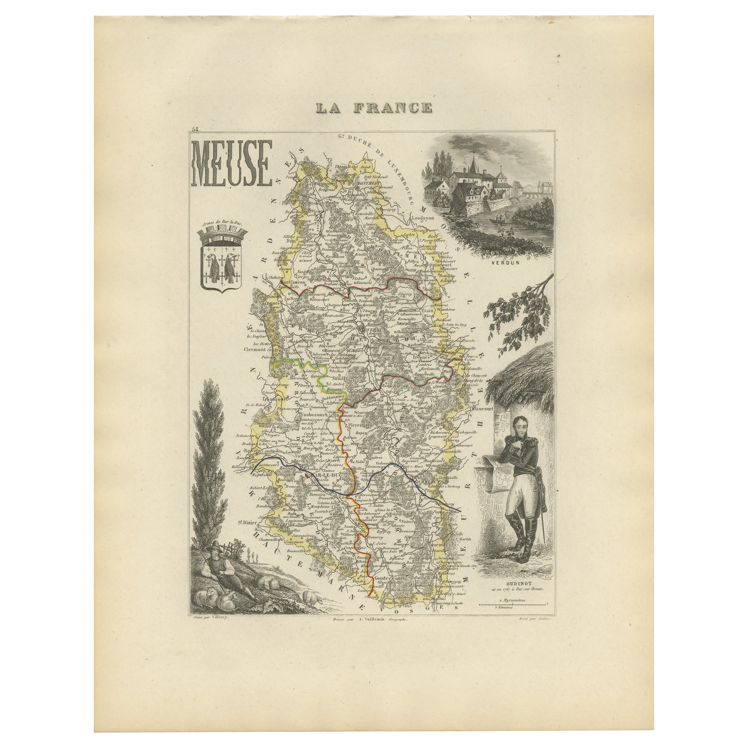 Carte décorative du Department of Meuse, France - Vuillemin, c. 1850 en vente