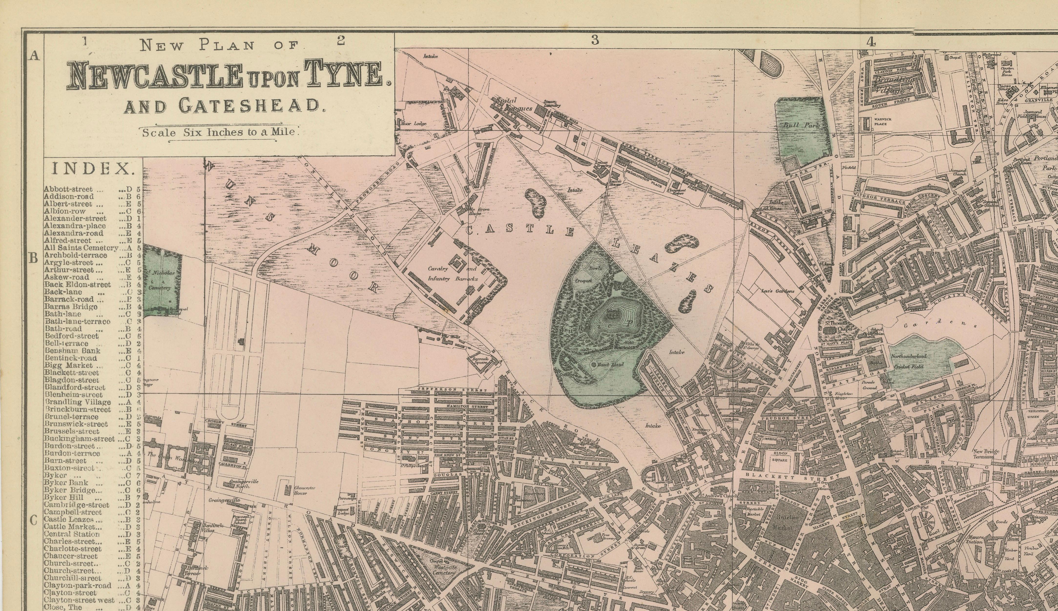 Decorative Map of Newcastle upon Tyne and Gateshead, Victorian City Plan, 1885