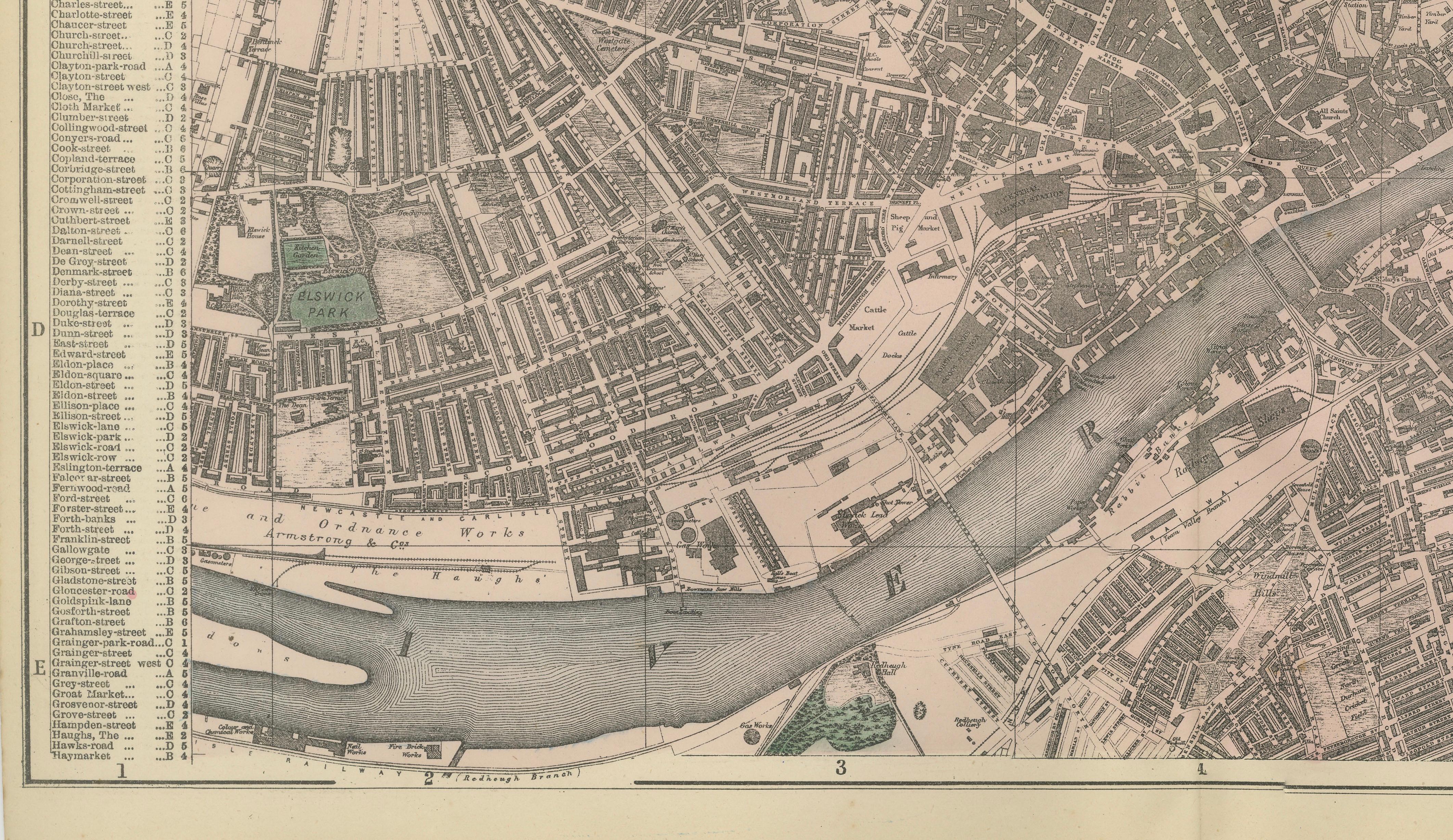 Decorative Map of Newcastle upon Tyne and Gateshead, Victorian City Plan, 1885