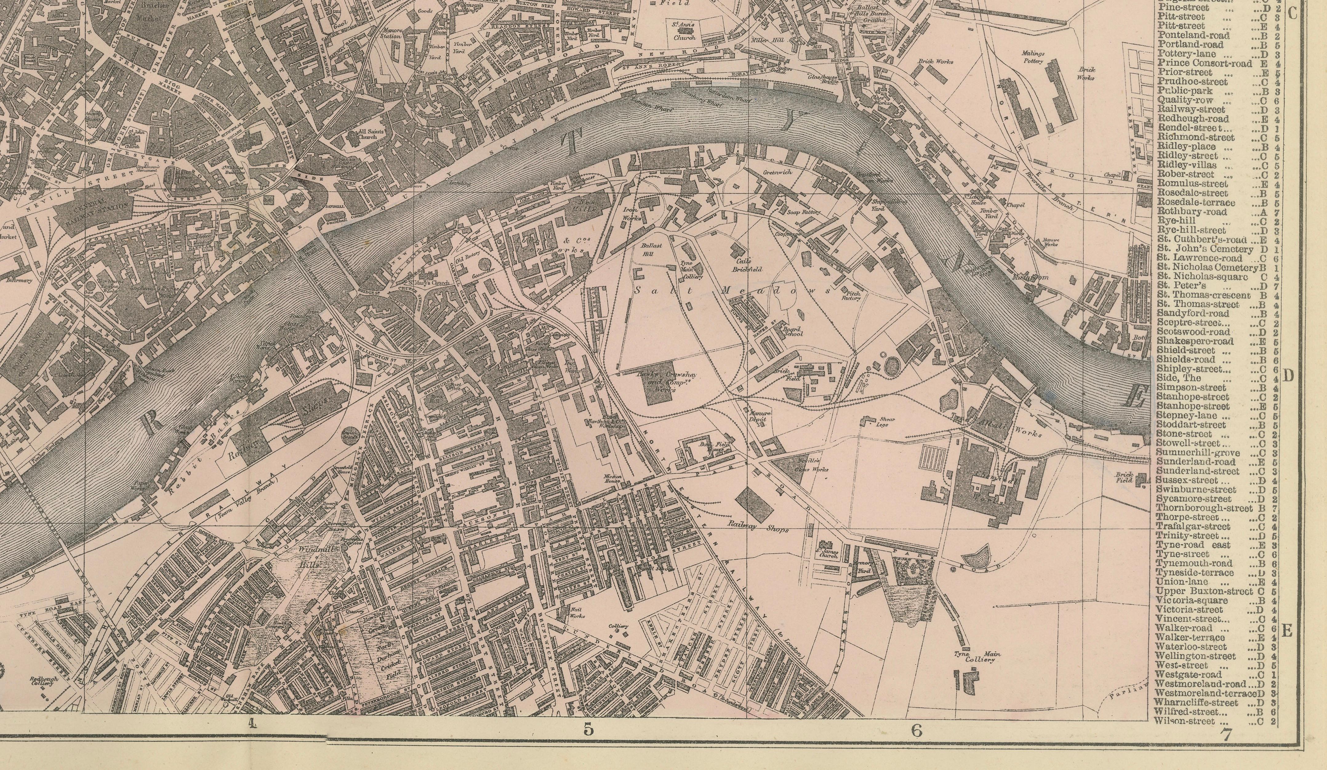 Decorative Map of Newcastle upon Tyne and Gateshead, Victorian City Plan, 1885
