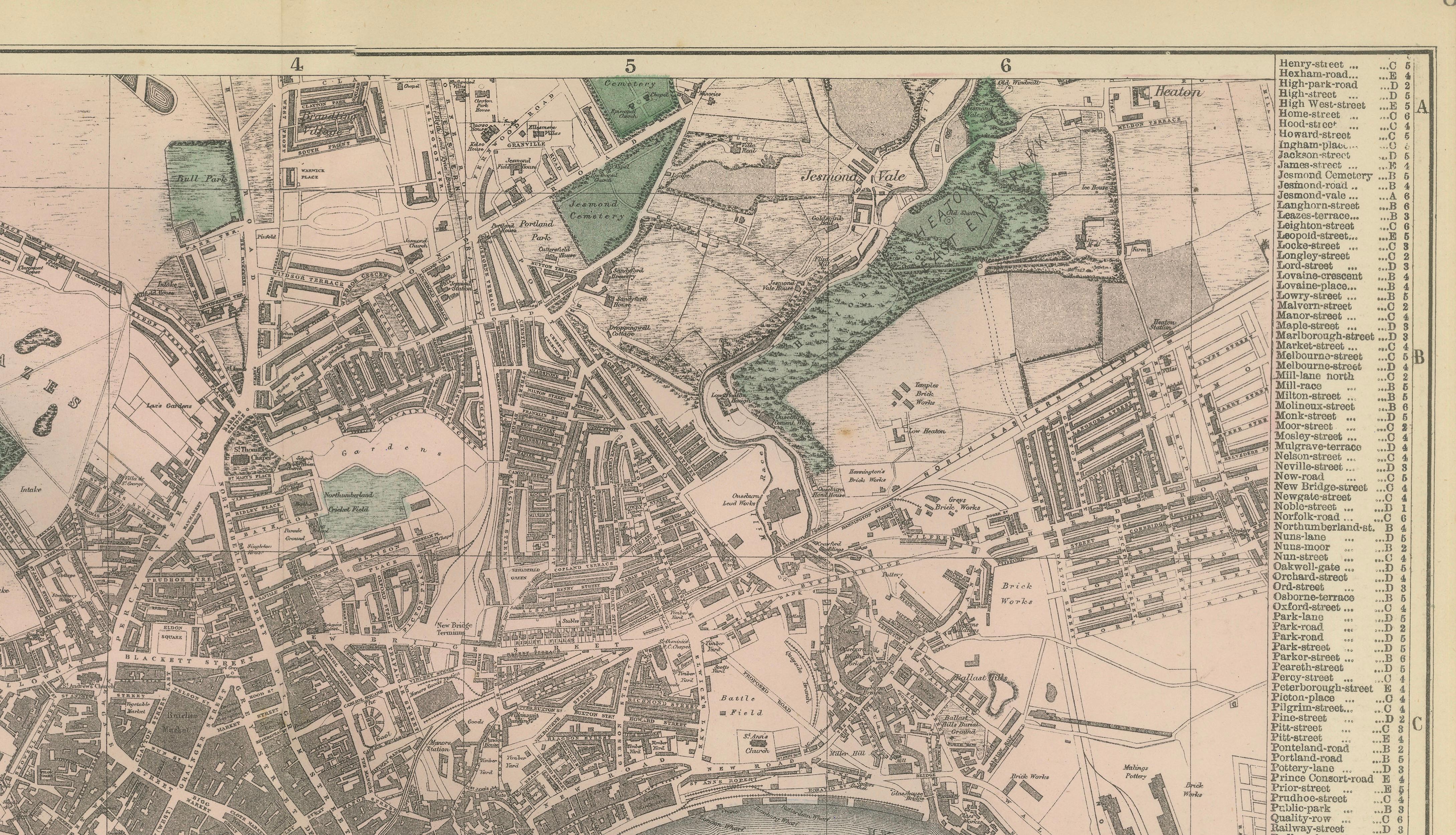 Decorative Map of Newcastle upon Tyne and Gateshead, Victorian City Plan, 1885