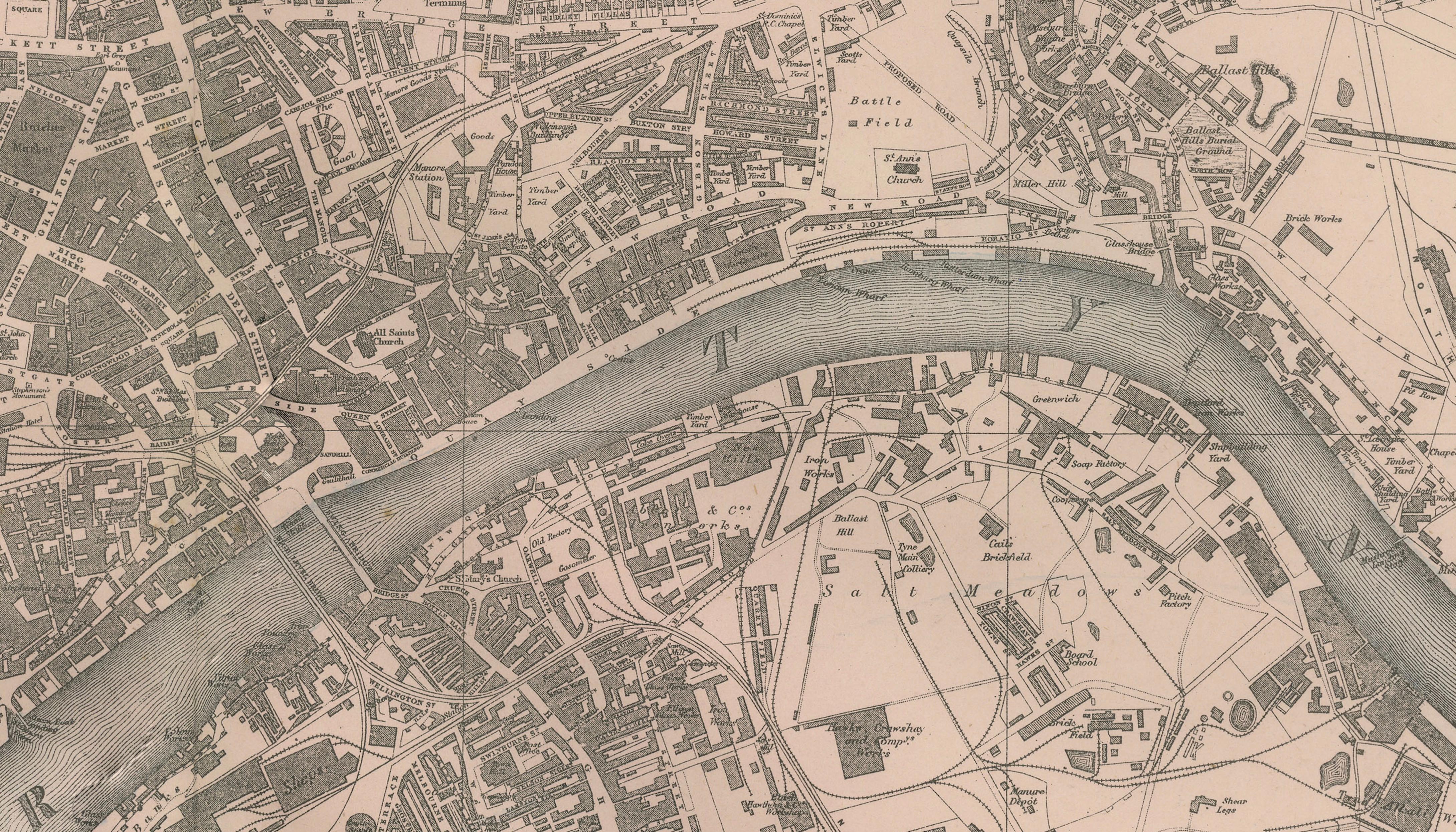 Decorative Map of Newcastle upon Tyne and Gateshead, Victorian City Plan, 1885