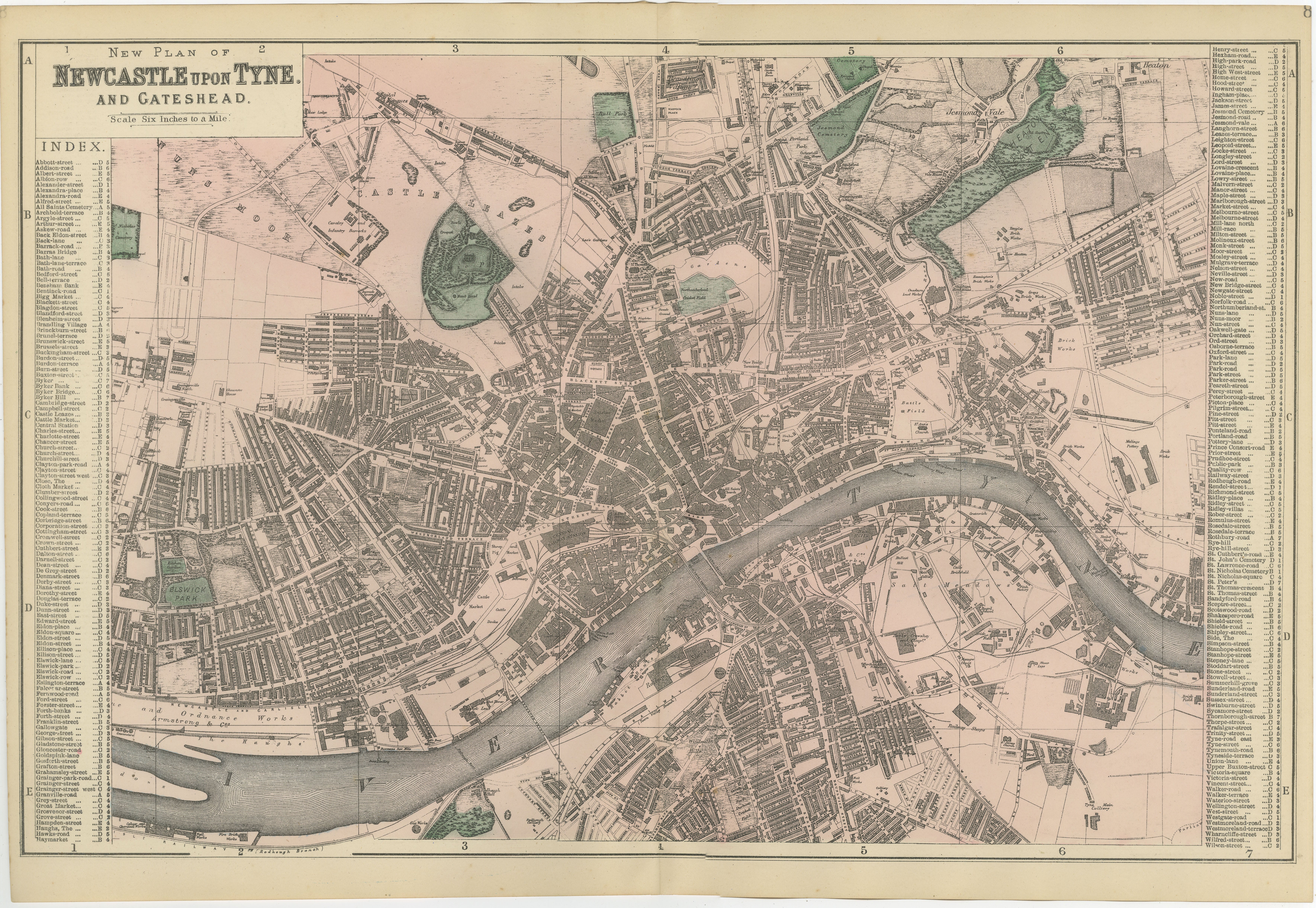 Decorative Map of Newcastle upon Tyne and Gateshead, Victorian City Plan, 1885