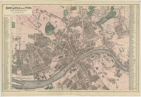 Decorative Map of Newcastle upon Tyne and Gateshead, Victorian City Plan, 1885