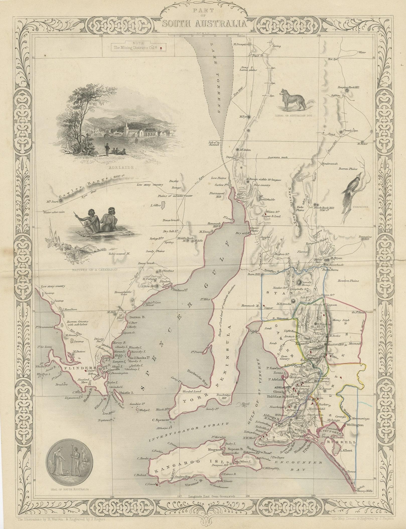 Antique map Australia titled 'Part of South Australia'. 

Decorative map of part of South Australia, surrounded by illustrations of Adelaide, natives on a catamaran, an Australian dog and a nymphicus bird illustrated. Originates from 'The