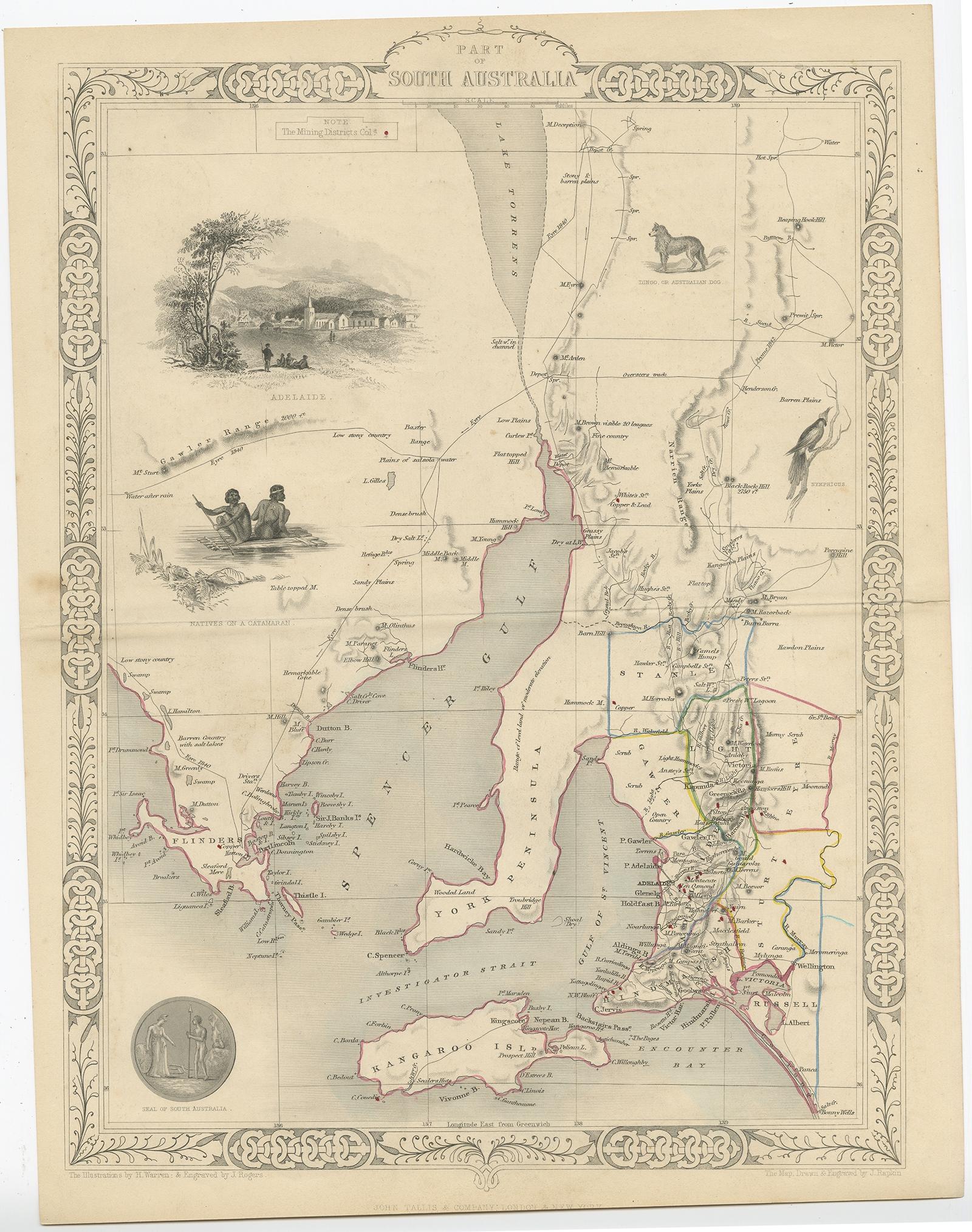 Dekorative Karte eines Teils SüdAustraliens mit Illustrationen von Adelaide, 1851 im Zustand „Gut“ im Angebot in Langweer, NL