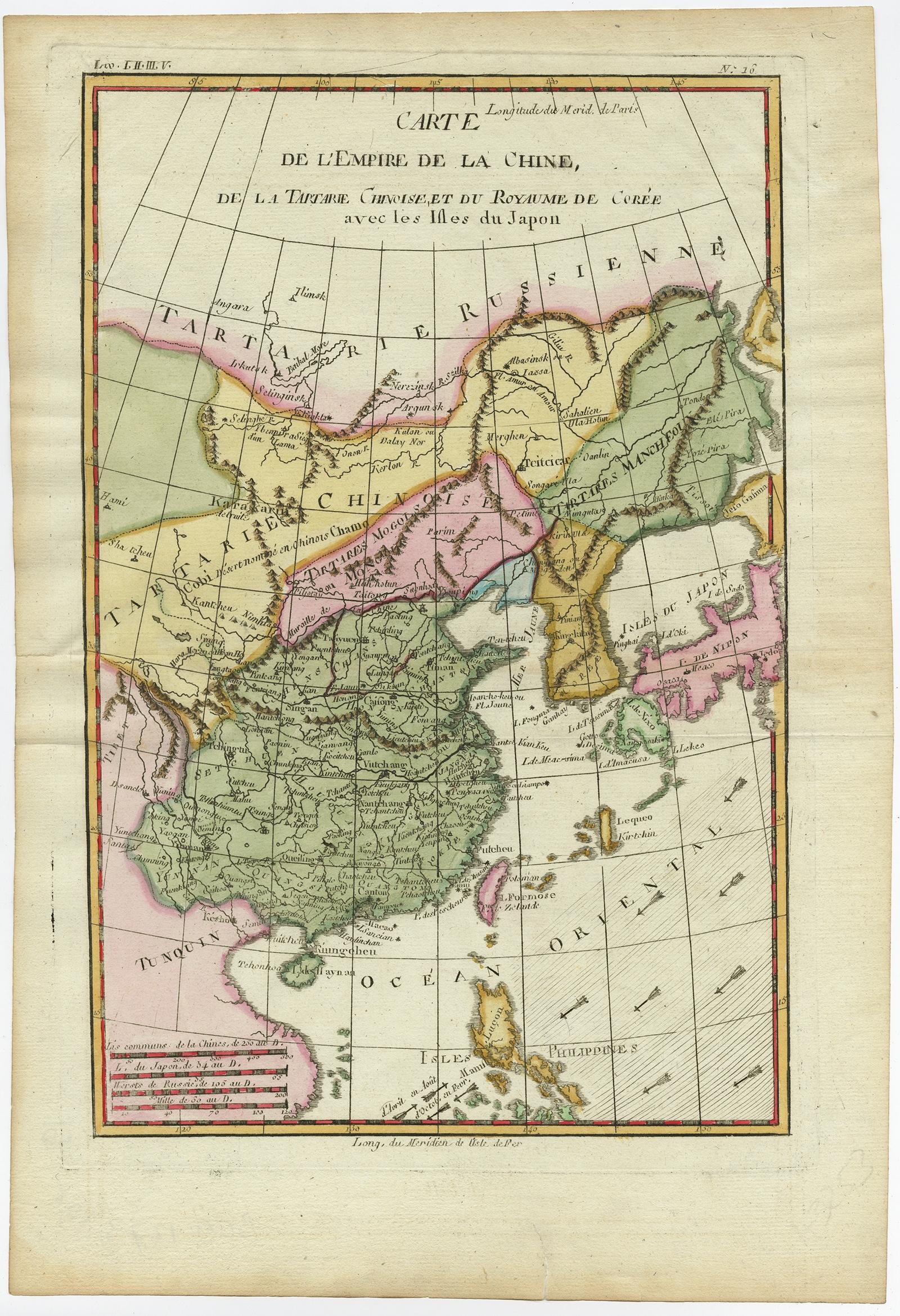 Antique map titled 'Carte de L'Empire de la Chine.' 

Decorative map of the Empire of China, depicting China, Corea ( Korea ), Japan, Tonquin and the Philippine island Lucon. Source unknown, to be determined.

Artists and Engravers: Rigobert