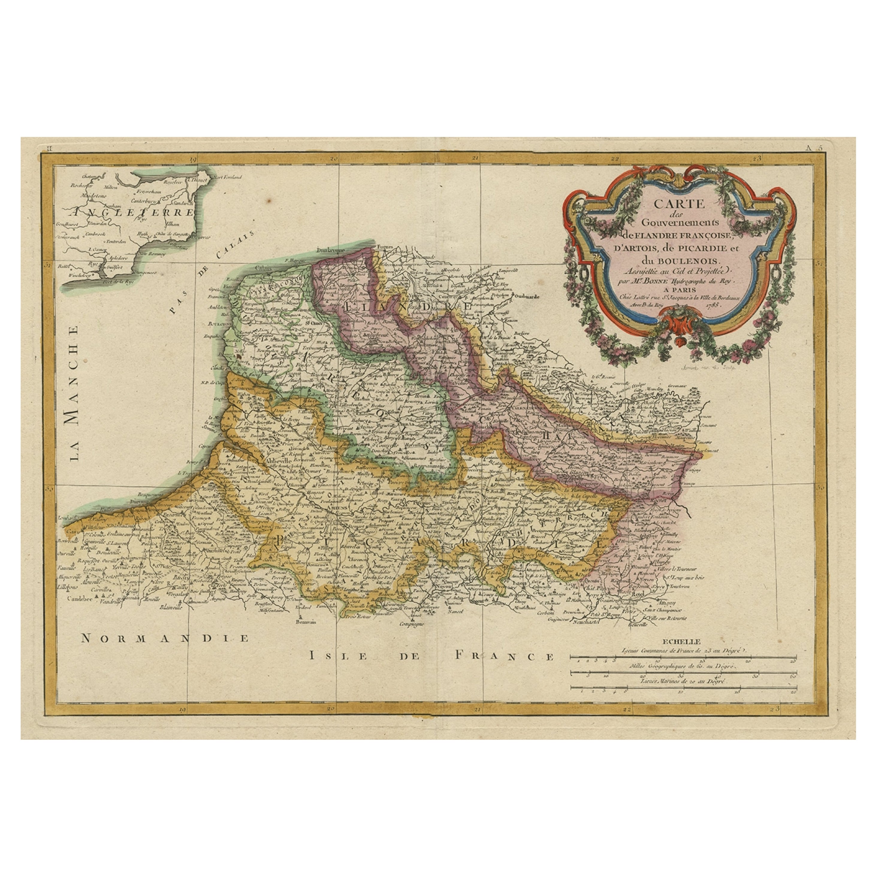 Carte décorative des régions françaises de Picardy, d'Artois et des Flandres françaises, vers 1780 en vente