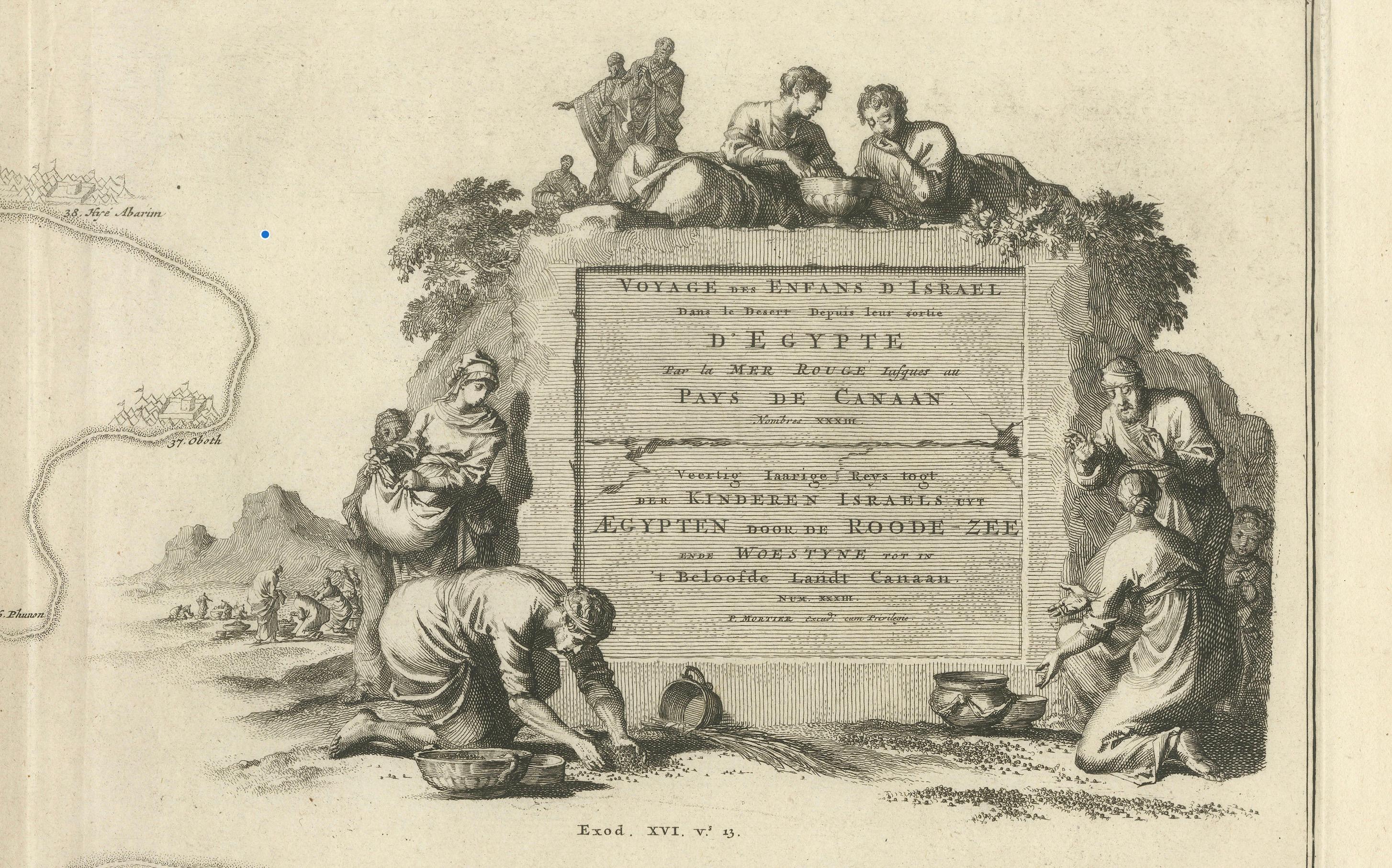 Gravé Carte décorative de la Lande, les pérégrinations de Moïse par Pieter Mortier, vers 1700 en vente