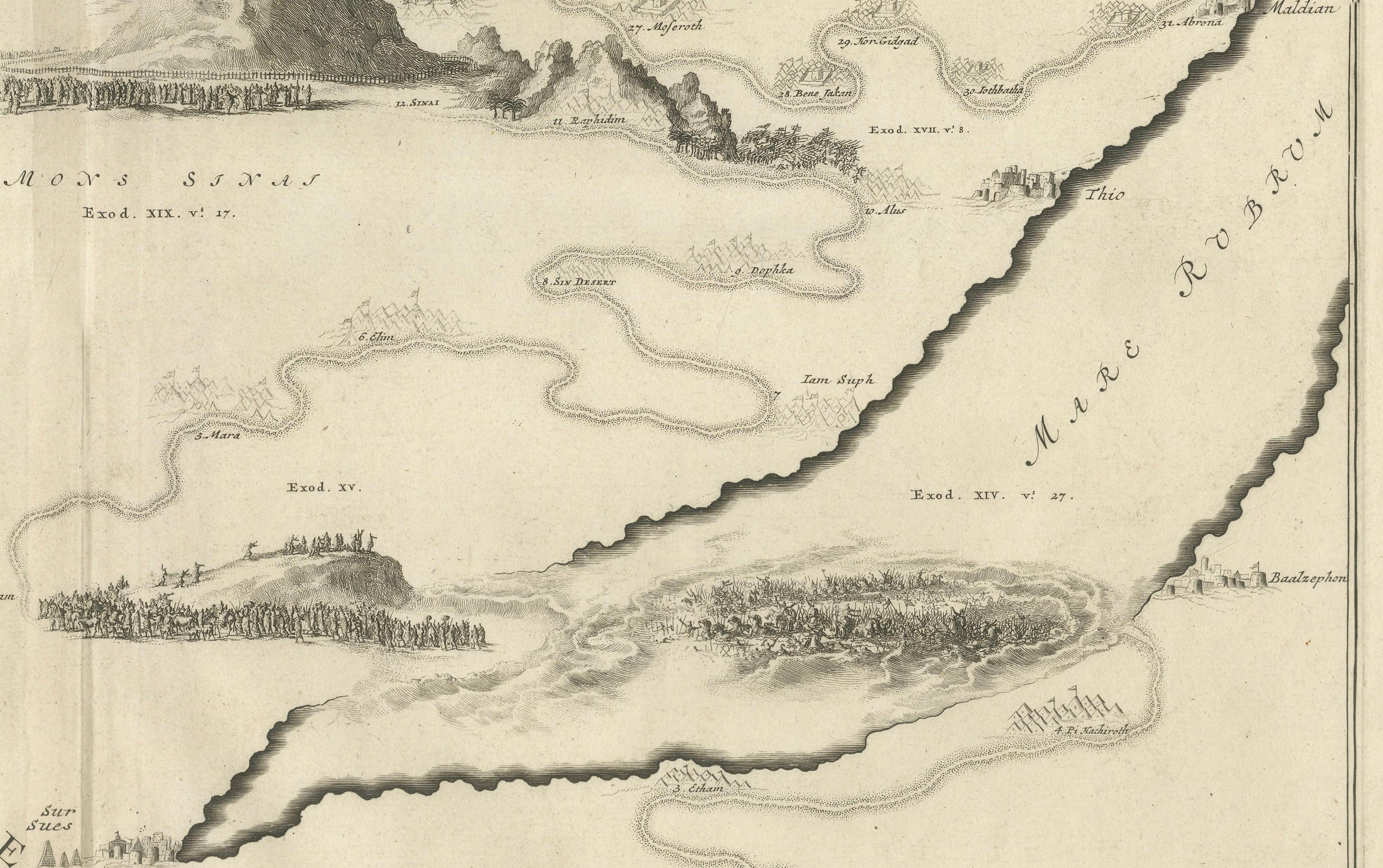 Carte décorative de la Lande, les pérégrinations de Moïse par Pieter Mortier, vers 1700 Bon état - En vente à Langweer, NL
