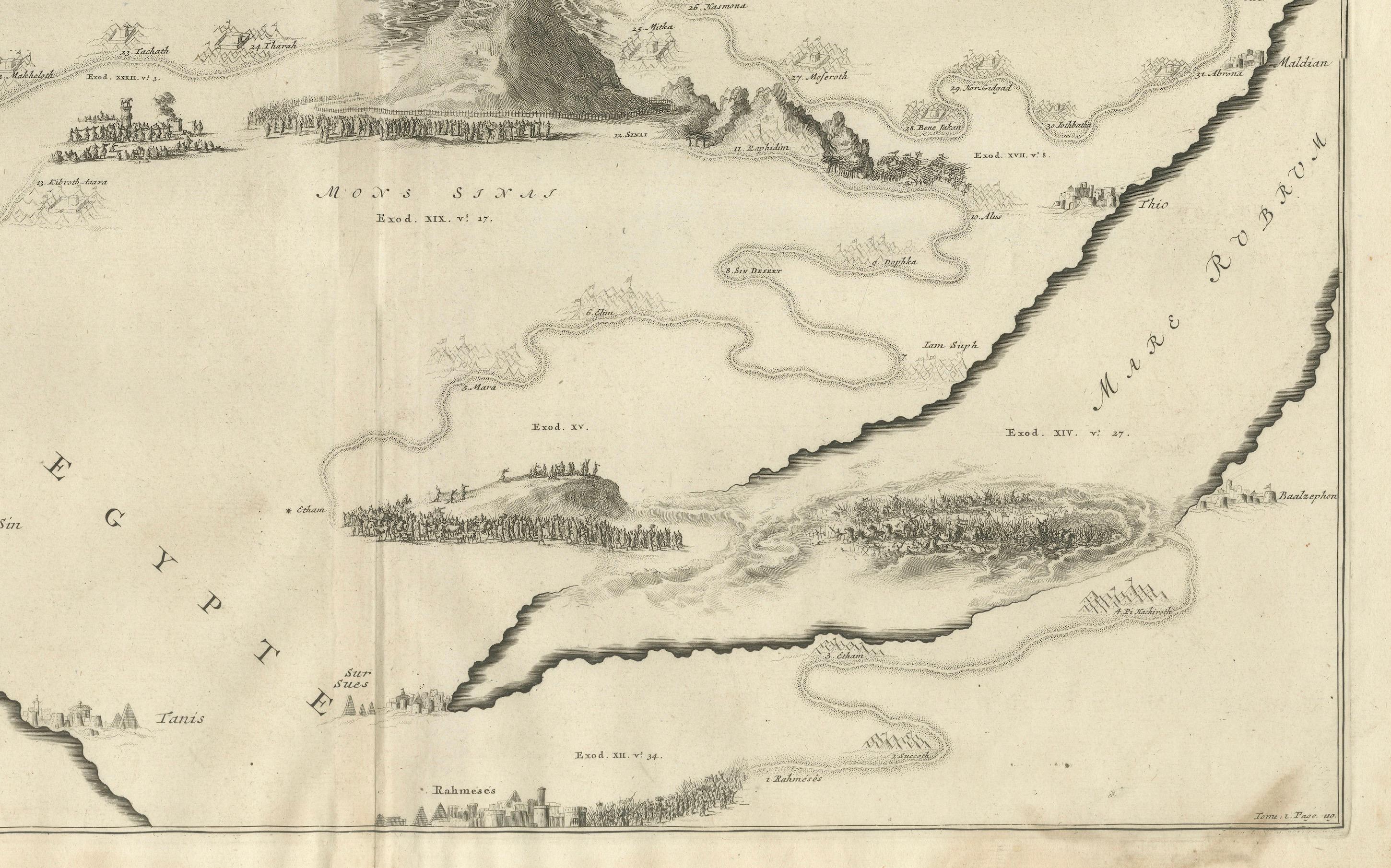 Papier Carte décorative de la Lande, les pérégrinations de Moïse par Pieter Mortier, vers 1700 en vente