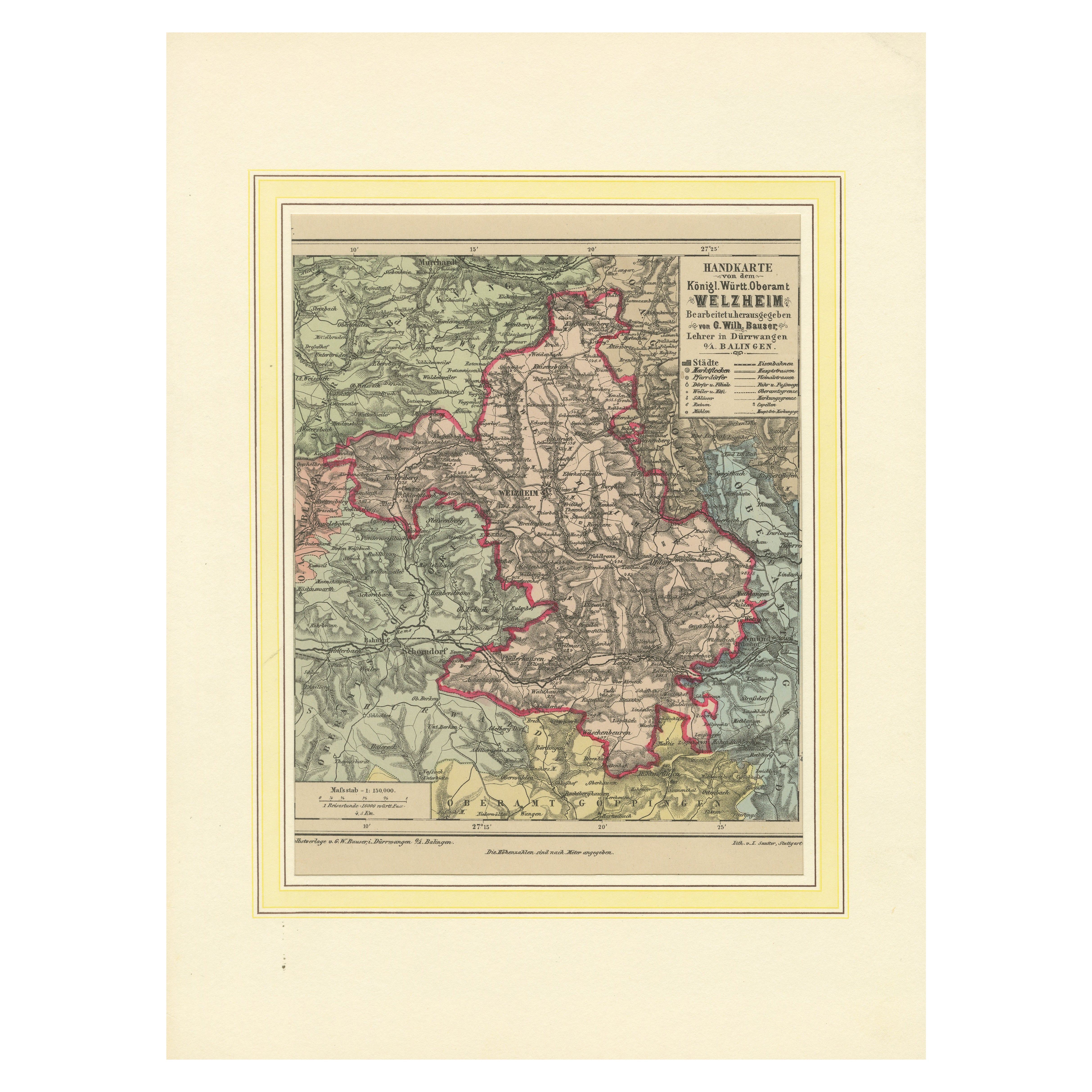 Mapa decorativo del distrito real de Württemberg de Welzheim, Alemania, ca.1880