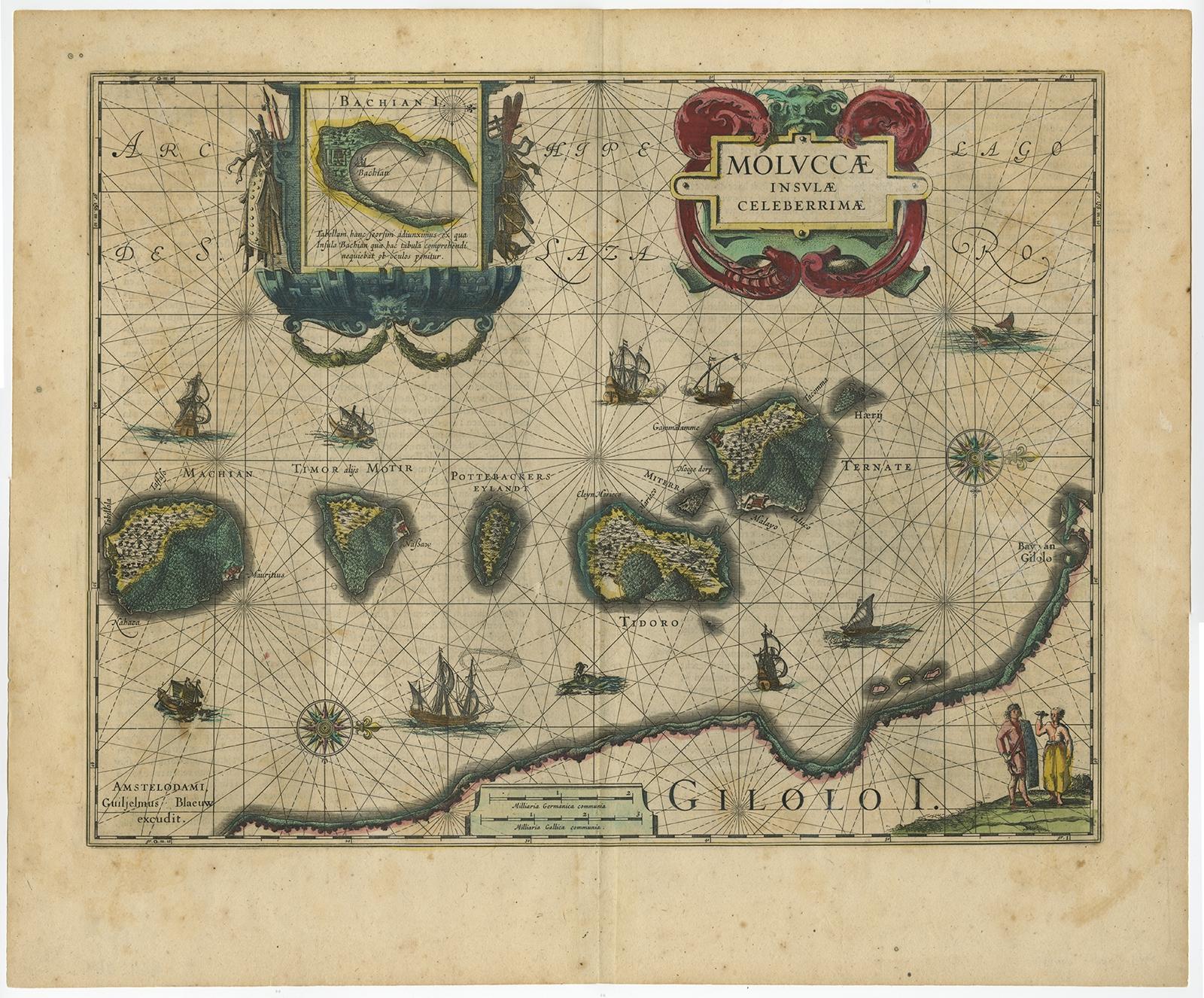 Antique map titled 'Moluccae Insulae Celeberrimae'. 

Decorative map of the Spice Islands. Inset of the Island of Bachian (Batjan) in an elaborate frame as well as a Moluccan couple in the lower right corner in Europeanized native