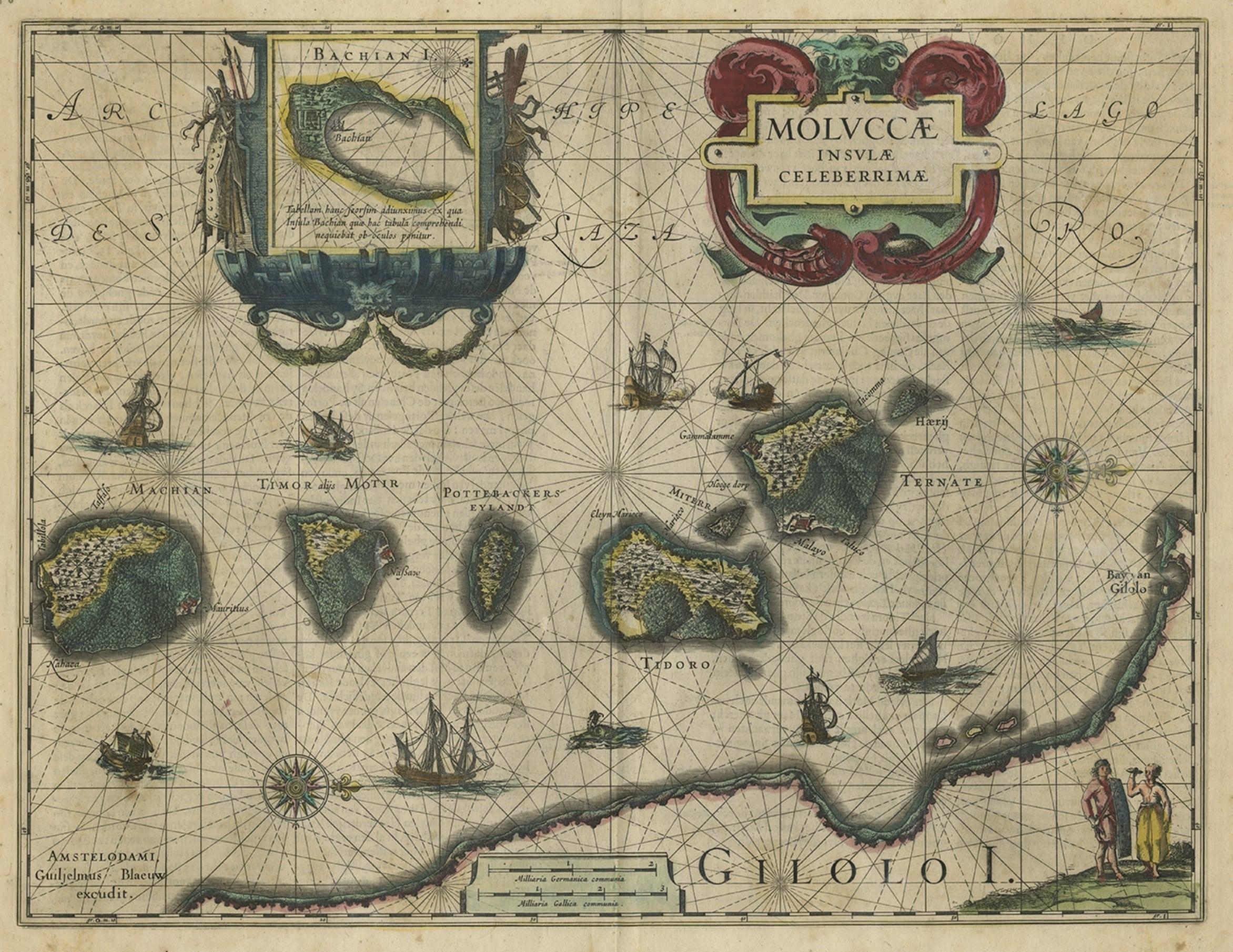 Carte décorative des îles Spice Islands dans les Mollucas, Indonésie, vers 1640 Bon état - En vente à Langweer, NL