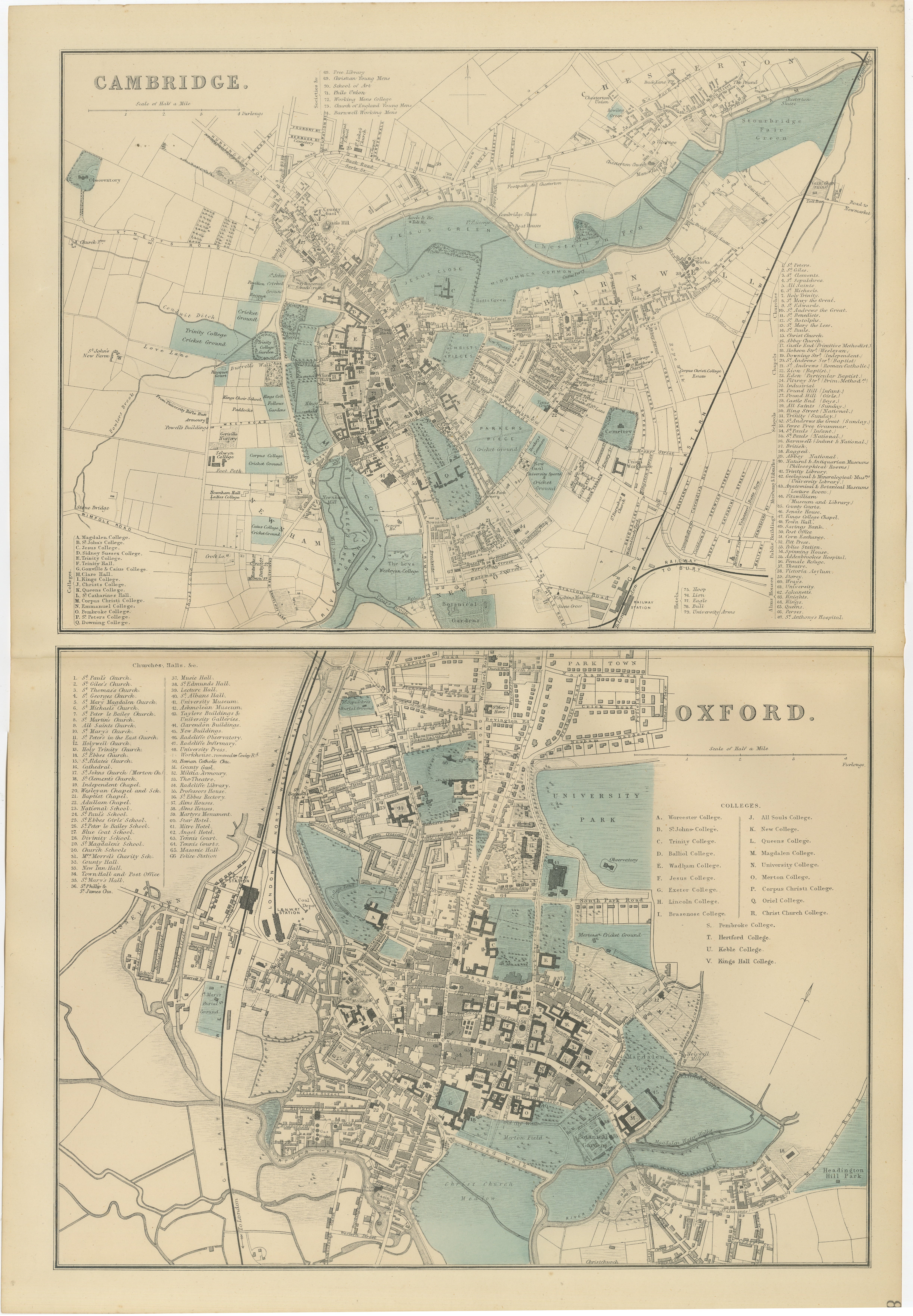 Decorative Maps of Cambridge and Oxford, Victorian University City Plans, 1885