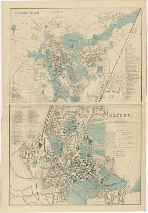 Decorative Maps of Cambridge and Oxford, Victorian University City Plans, 1885