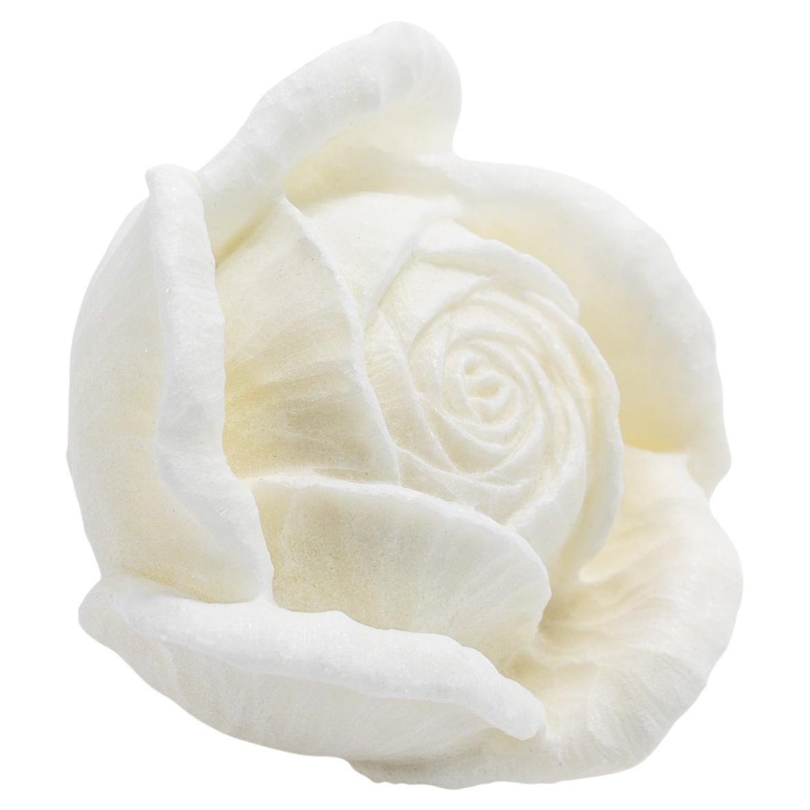 Scultura decorativa in marmo Ornamento Rosa Bianca in fiore Statuario fatto a mano Italia