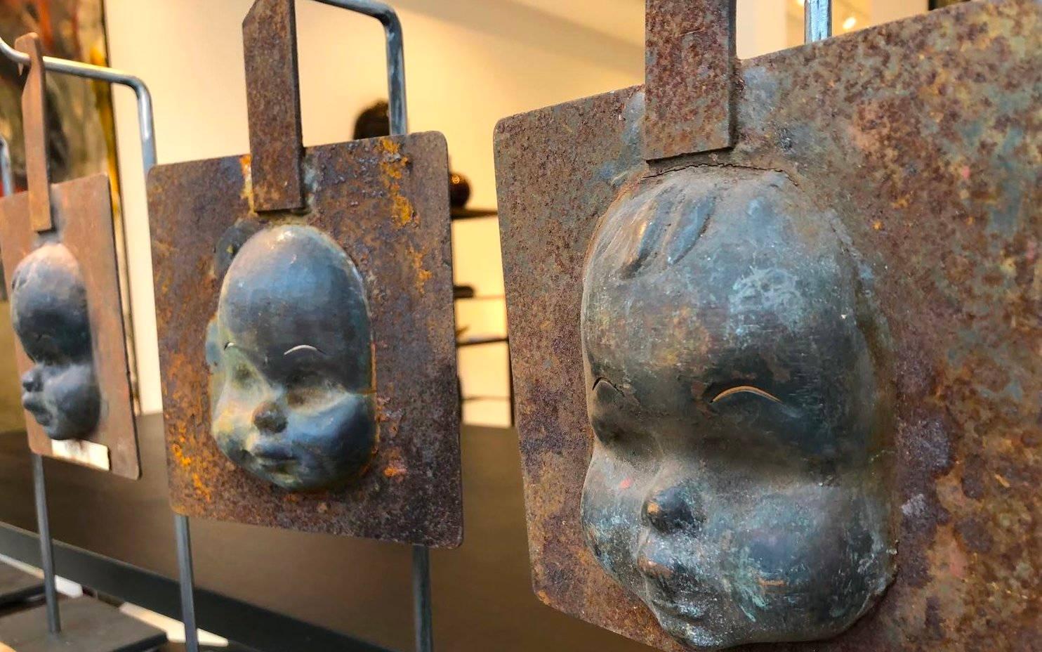 Decorative Metal Doll Head Molds Objet de Virtu on Custom Stands In Excellent Condition For Sale In Chicago, IL