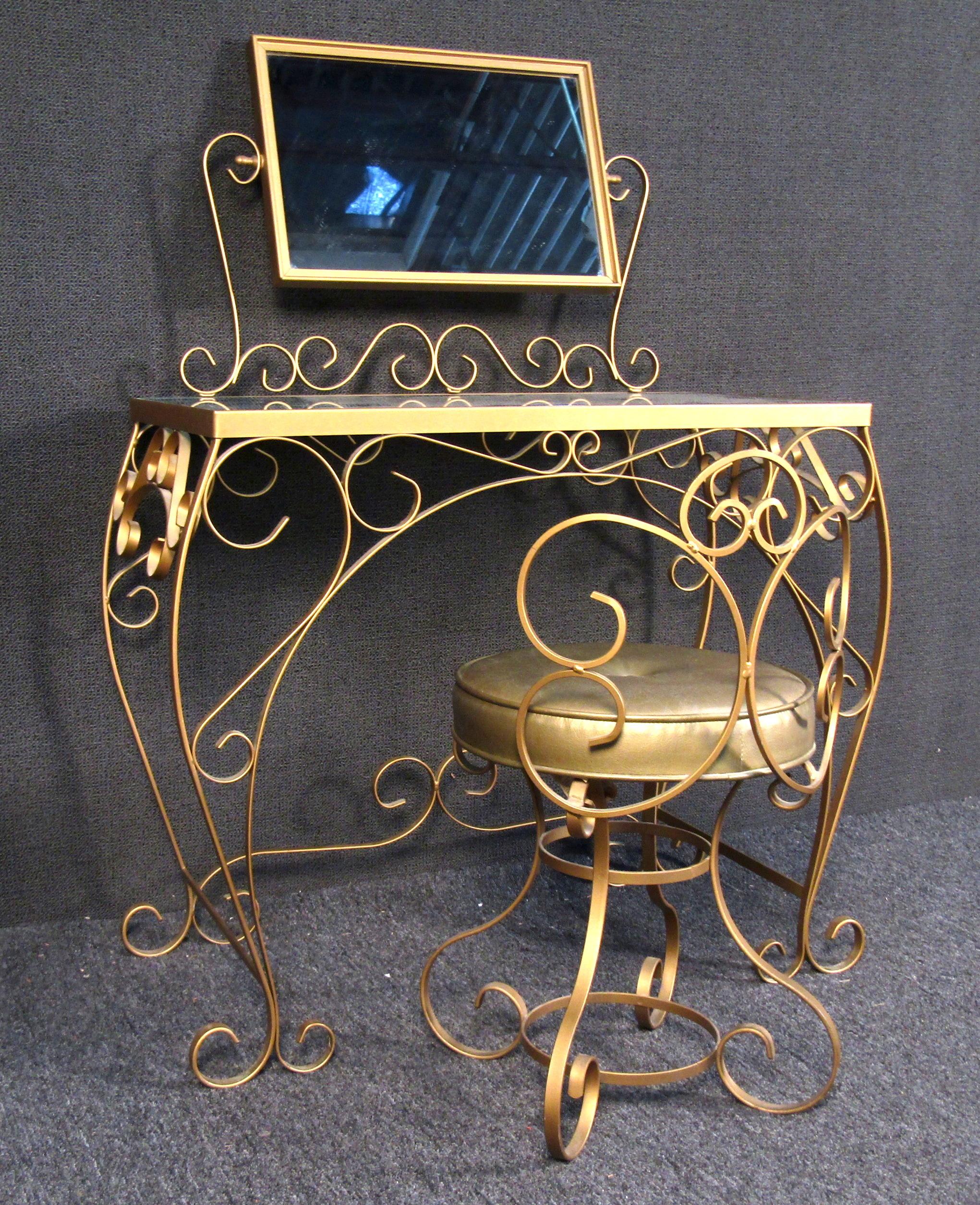 Mid-20th Century Decorative Metal Vanity and Chair For Sale