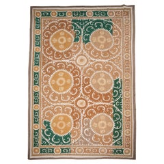 Decorative Mid-20th C. Neutral Samarkand Suzani with Green, Uzbekistan