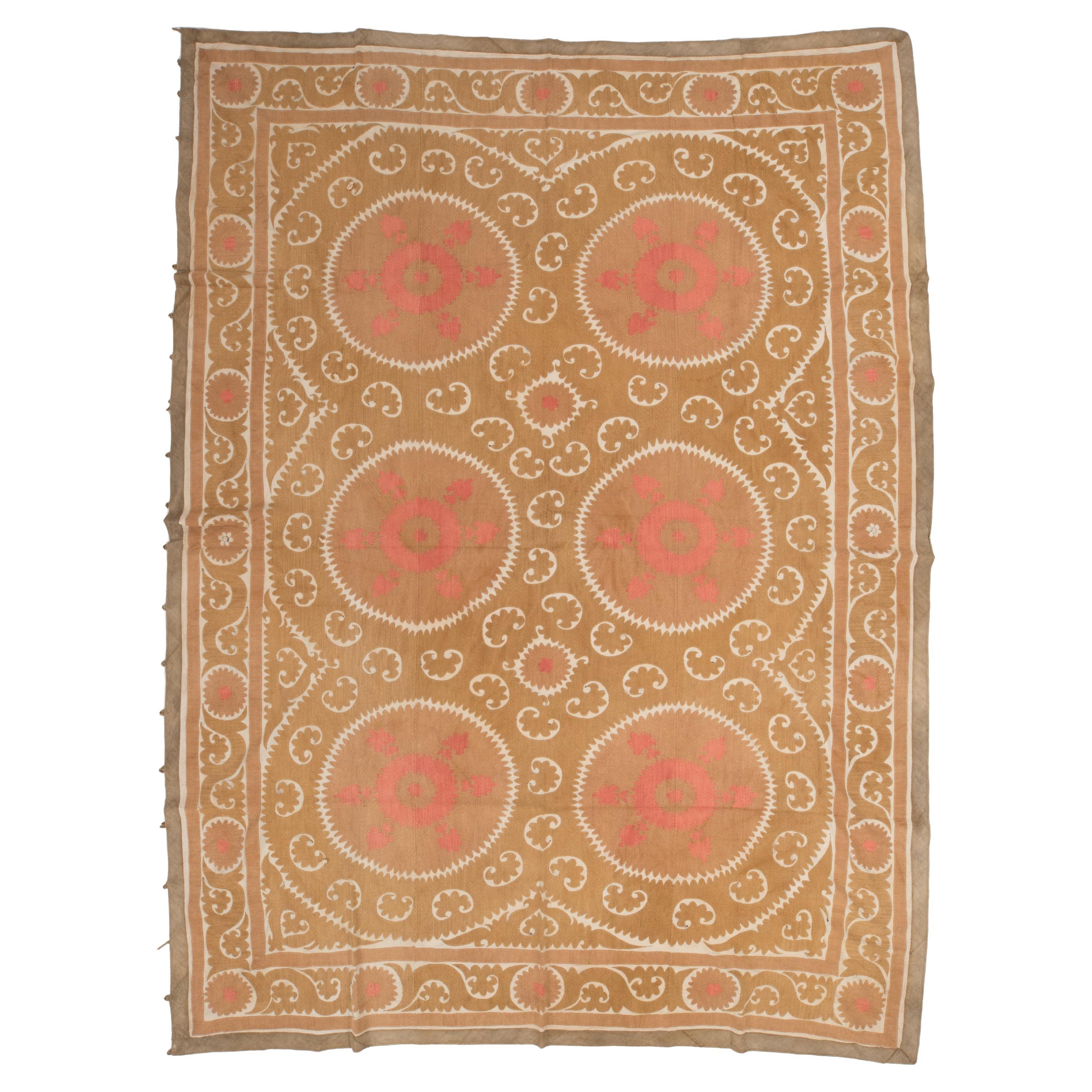 Decorative Mid 20th C. Neutral Samarkand Suzani with Pinks For Sale