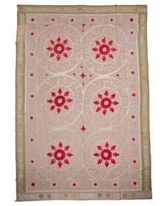 Decorative Mid-20th C. Neutral Samarkand Suzani with red, Uzbekistan