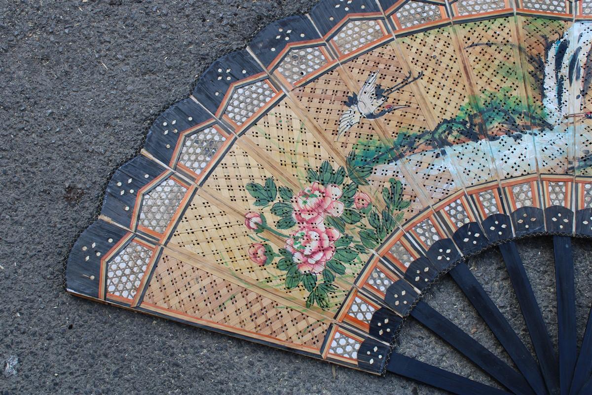 Italian Decorative Mid-Century Chinese Fan in Paper Decorated Painted Wooden Structure For Sale